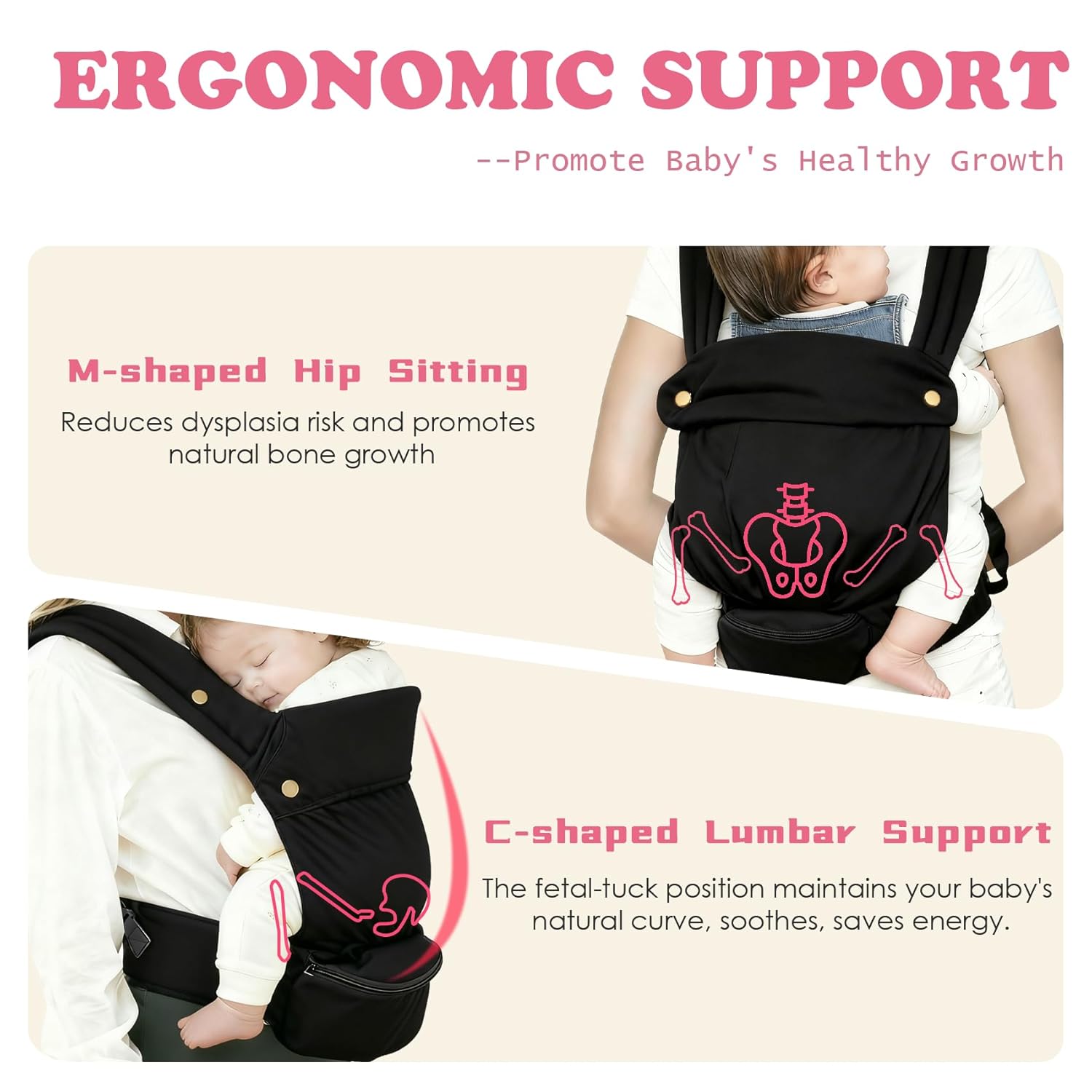 Baby Carrier with Storage Bag, 4 in 1 Front & Back Facing Design, Forward Facing, Adjustable, Baby Essential, Head Support, Baby Carrier for Newborn to Toddler, Midnight Black