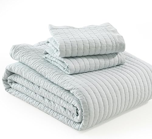 Miniatura 7 de PANGUSHAN Juego de edredón tamaño King, 100% algodón, colcha hecha a mano, color liso, elegante, ligero, acolchado para cama King, gris suave, para