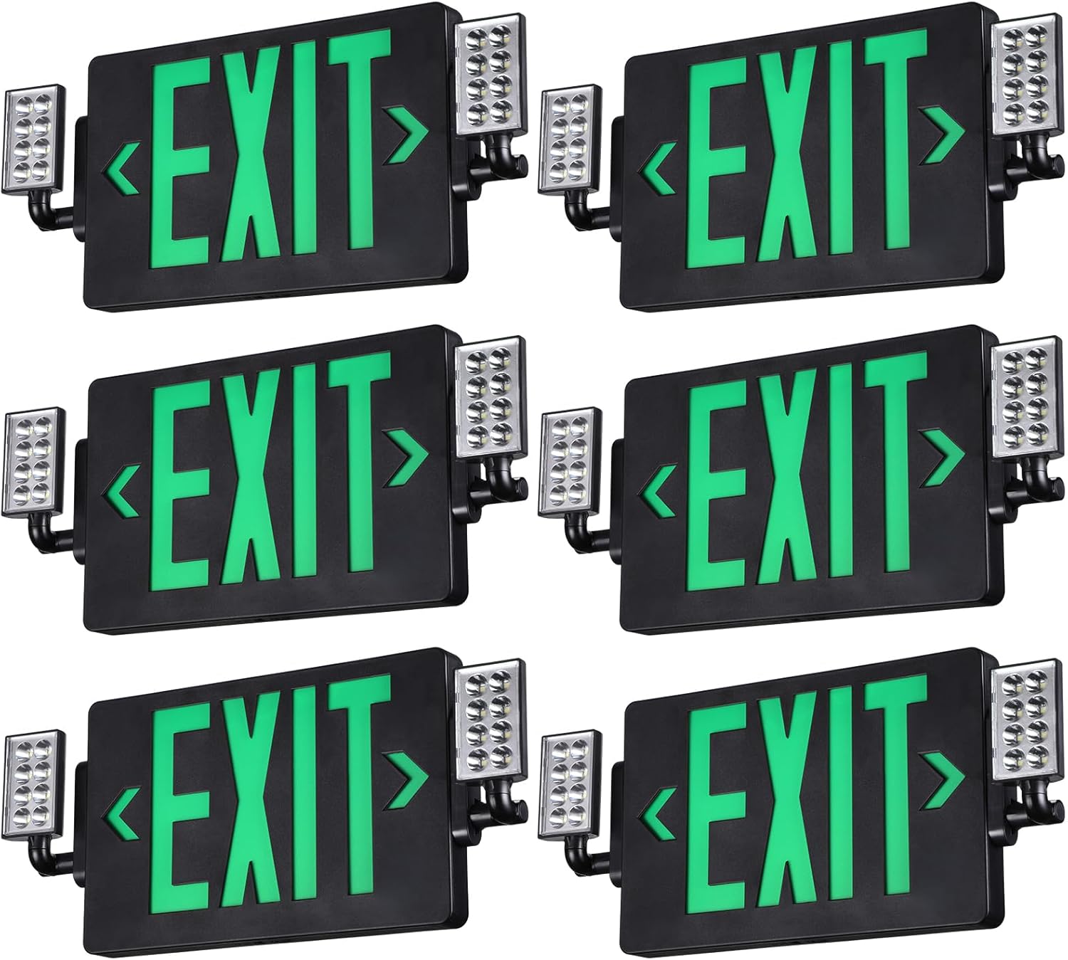 TORCHSTAR LED Exit Sign with Emergency Lights, Two Adjustable Heads, Green Letter Exit Light with Battery Backup, UL&FCC Listed, Double-Sided, AC 120-277V, Wall & Ceiling Mount, Black, Pack of 6