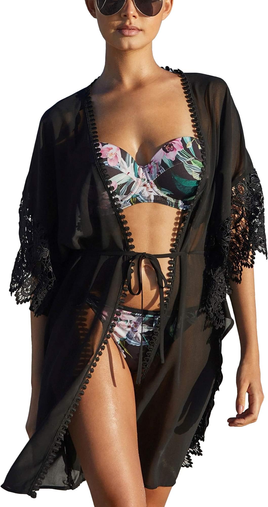 Women's Kaftan Cover up Long Swimsuit Cover ups Pool Sheer Mesh Kimono See Through with Sleeves