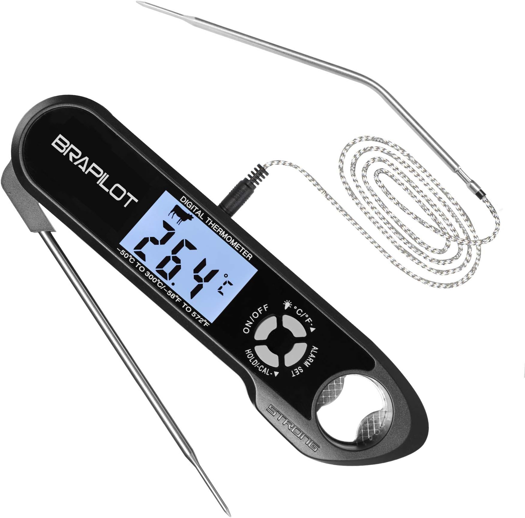 BRAPILOT Meat Thermometer Instant Read - Cooking Thermometer, Kitchen Food Thermometer with Alarm Setting, Backlight & Magnet for BBQ Grill Smoker Oven Oil Candy