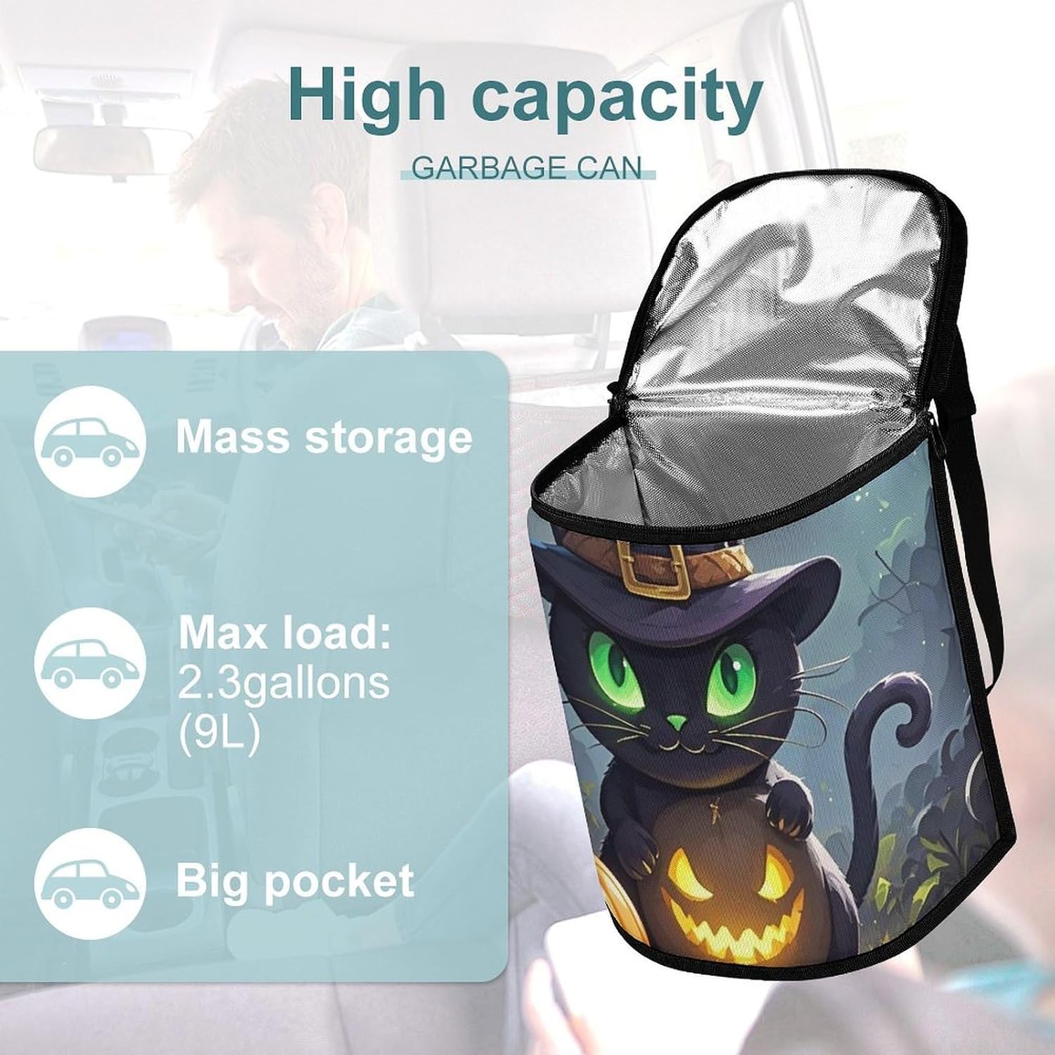 Cat Halloween Car Trash Can with Lid Large Capacity Hanging Auto Trash Bin Leak-Proof Waterproof Trash Bin Cars Must Haves Interior Accessories image 3