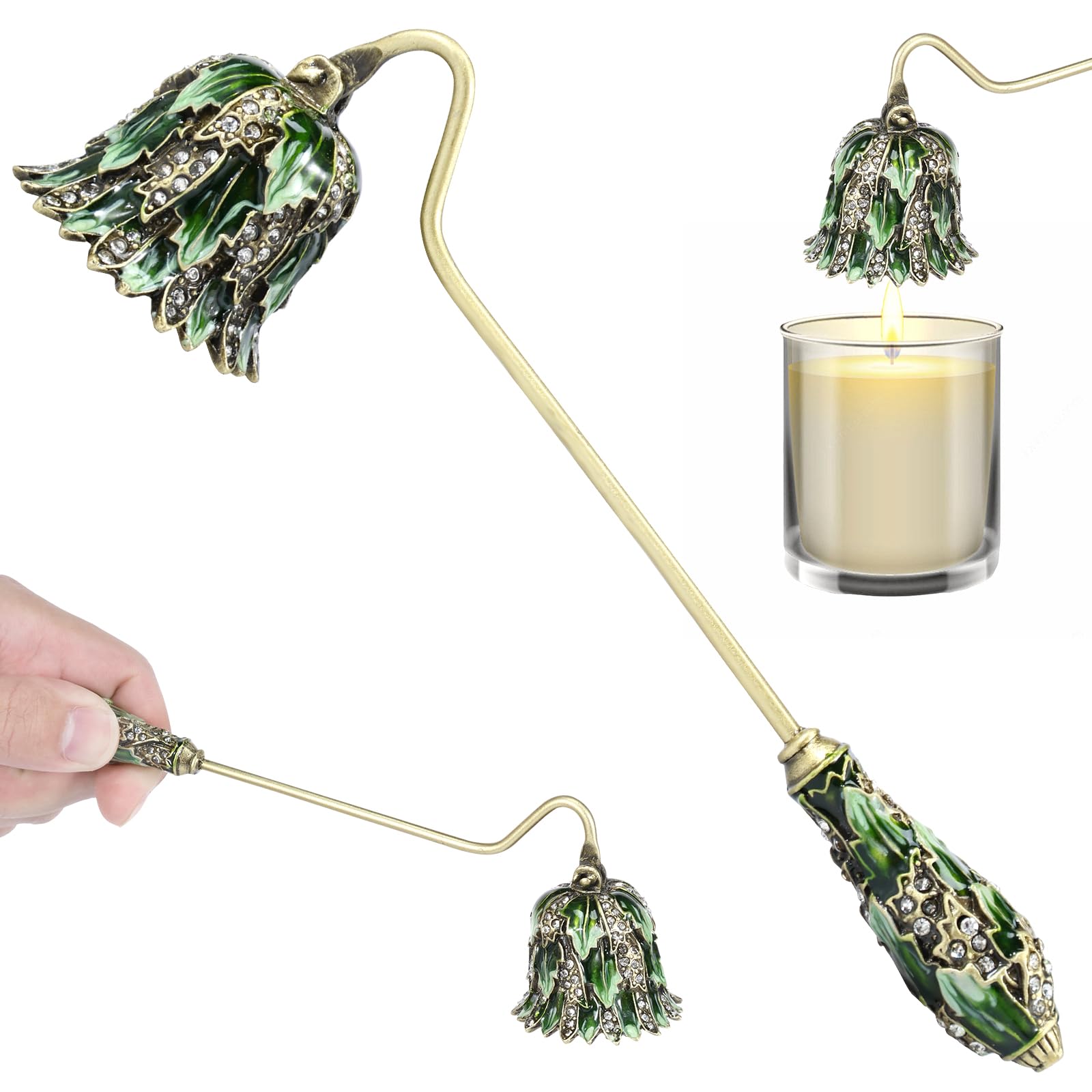 Qinglang Green Candle Snuffer Safe Candle Extinguisher With Long Handle Elegant Decorative Candle Snuffers For All Candles Putting Out Fire Wick Metal Candle Stopper Vintage Candlesnuffer Candle Wicks Flame Safely