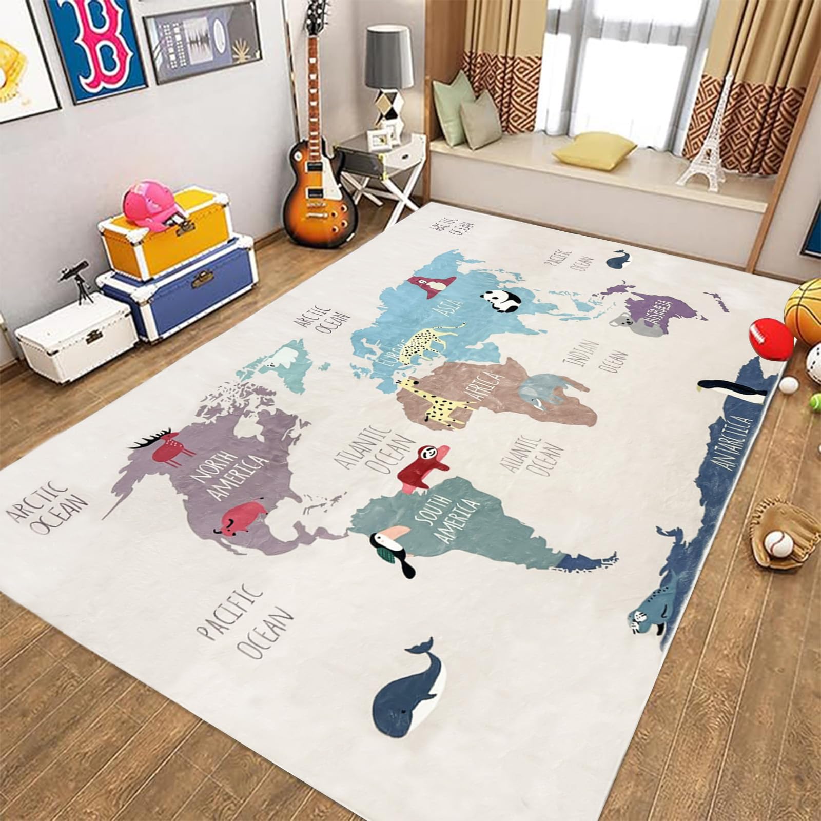 USTIDE Tapis éducatif lavable en machine Motif carte du monde et animaux mignons Rose 150 x 200 cm
