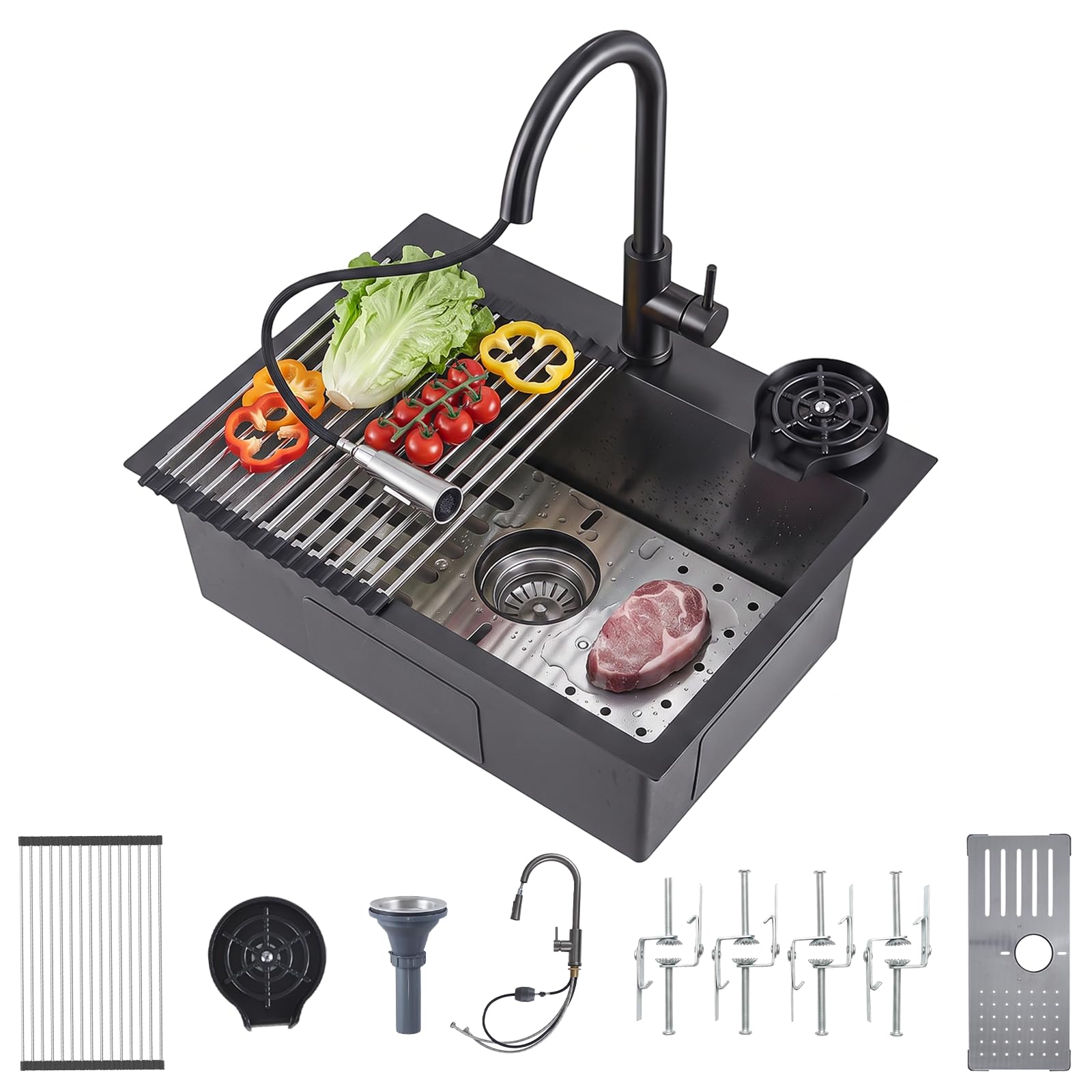 Lavello nero da appoggio 50x45 con lavabicchieri e tagliere scongelamento