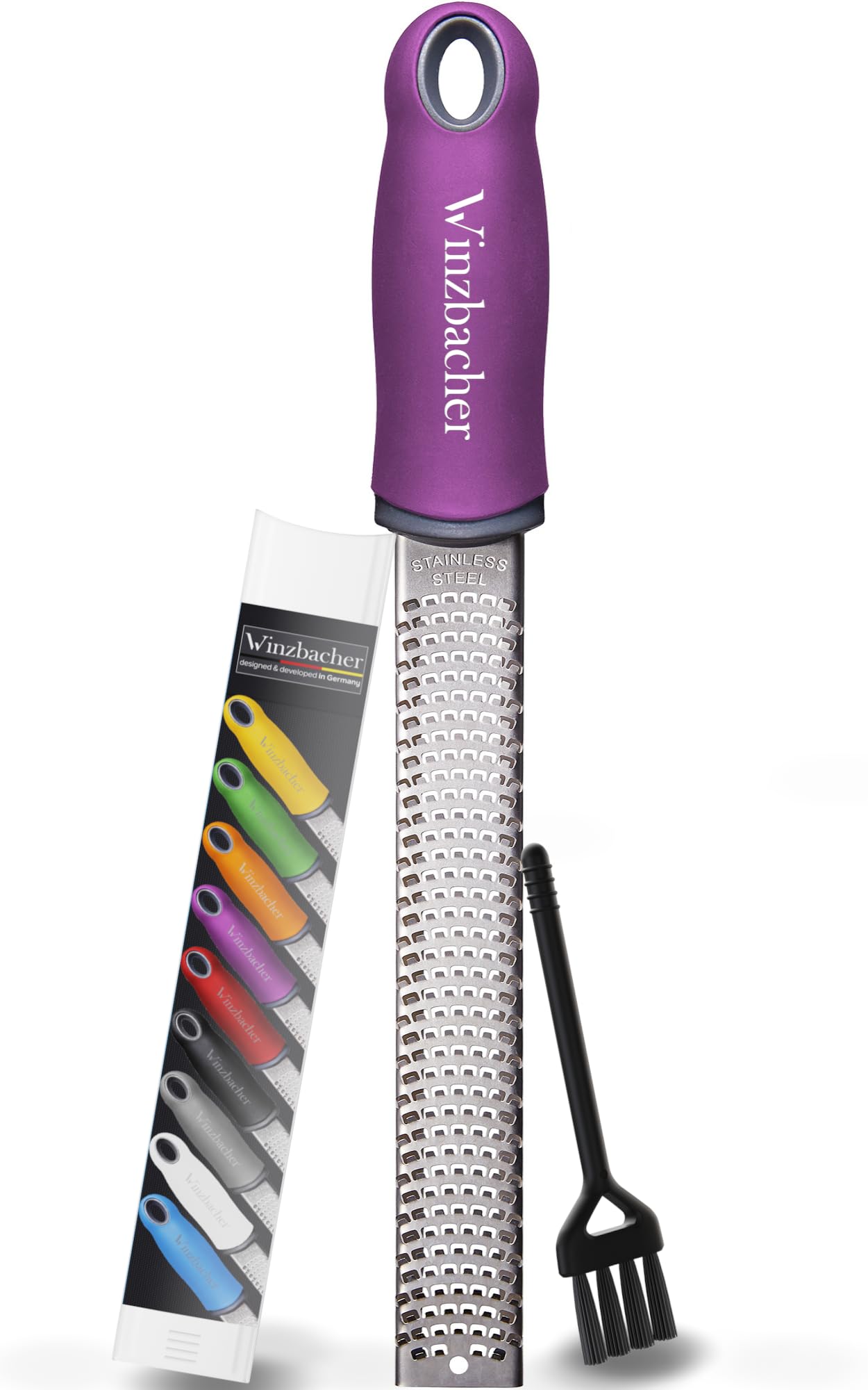 Winzbacher - Premium Zester Reibe I Parmesanreibe, Zitronenreibe, Muskatnuss Reibe, Ingwerreibe u.v.m. I rasiermesserscharfe Edelstahl Klinge I Spülmaschinenfest I inkl. Schụtz & Reinigungsbürste