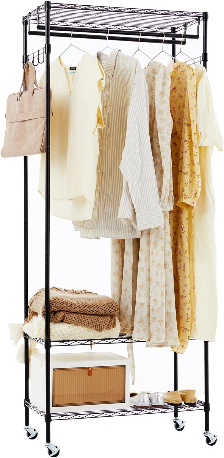 HealSmart 5-Tier Heavy Duty Foldable Metal Rack Storage Shelving Unit with Wheels Moving Easily Organizer Shelves Great for Garage Kitchen Holds up to 1250 lbs Capacity, Black,2 Pack