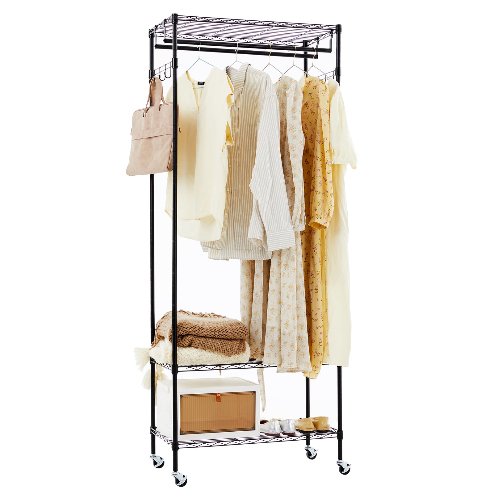 HealSmart 5-Tier Heavy Duty Foldable Metal Rack Storage Shelving Unit with Wheels Moving Easily Organizer Shelves Great for Garage Kitchen Holds up to 1250 lbs Capacity, Black,2 Pack