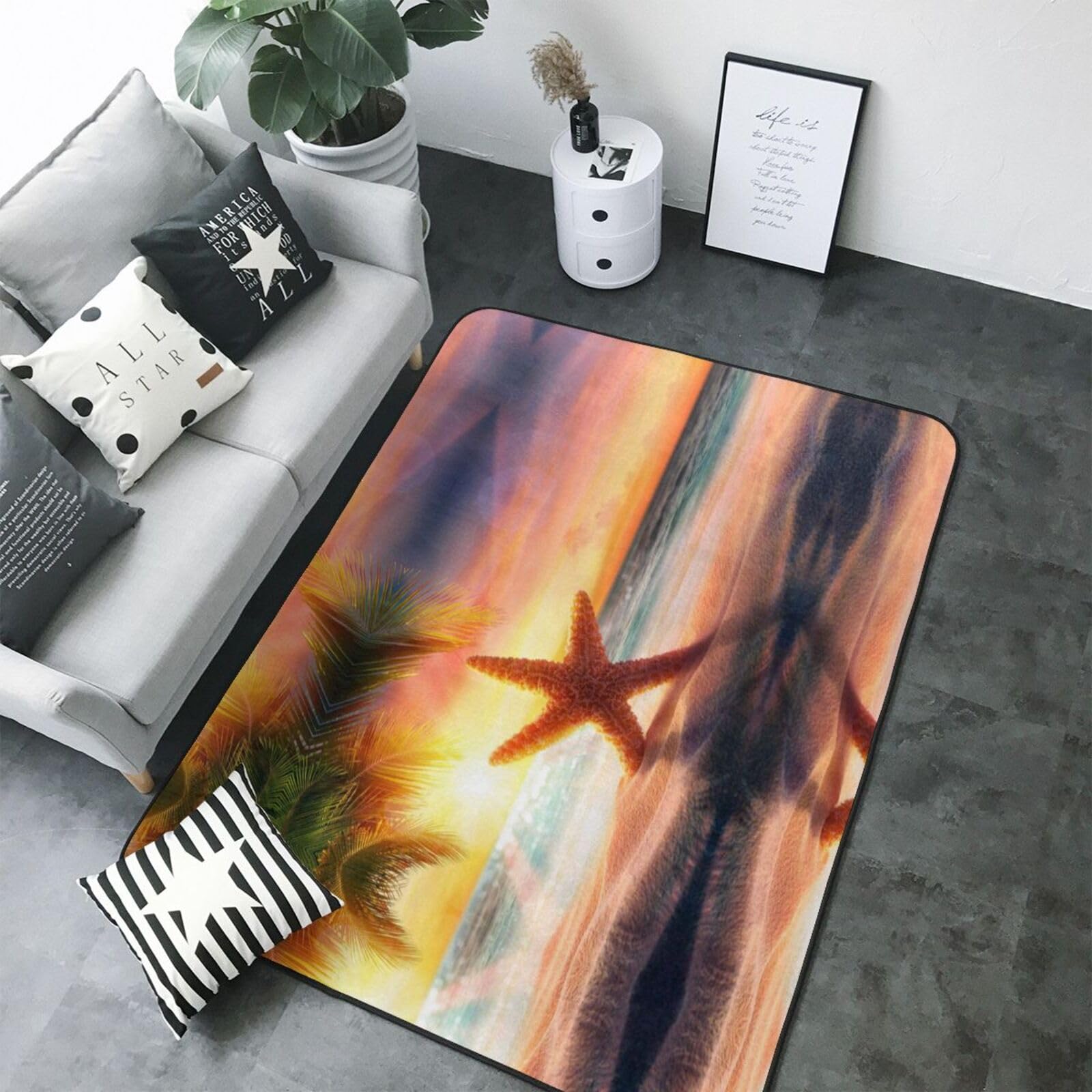 Tapis de salon lavable motif plage coucher de soleil 147x203 cm