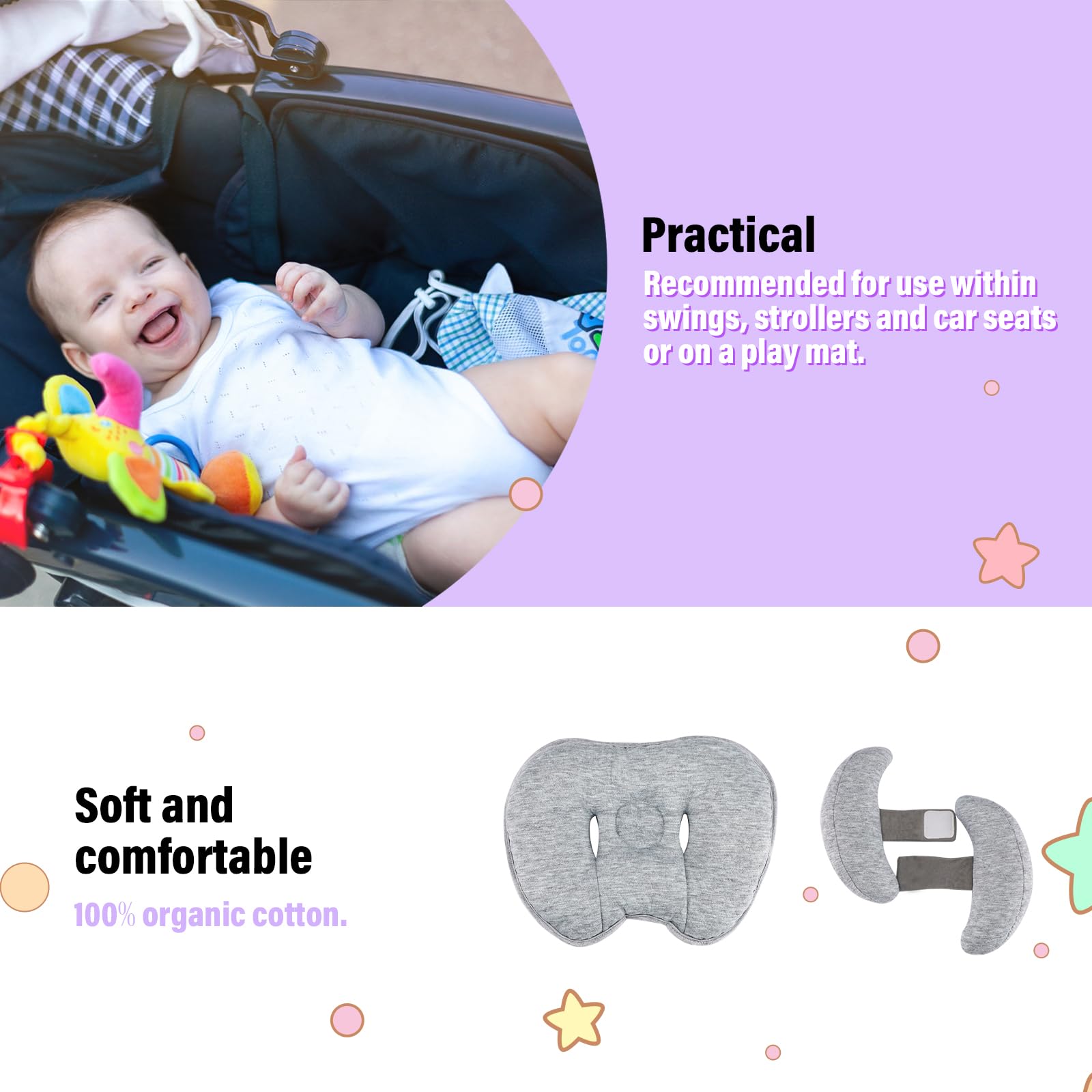 Coussin de voyage pour bébé amélioré 2 en 1, Coussin de soutien de la nuque de bébé en forme de banane réglable pour poussette, Gris