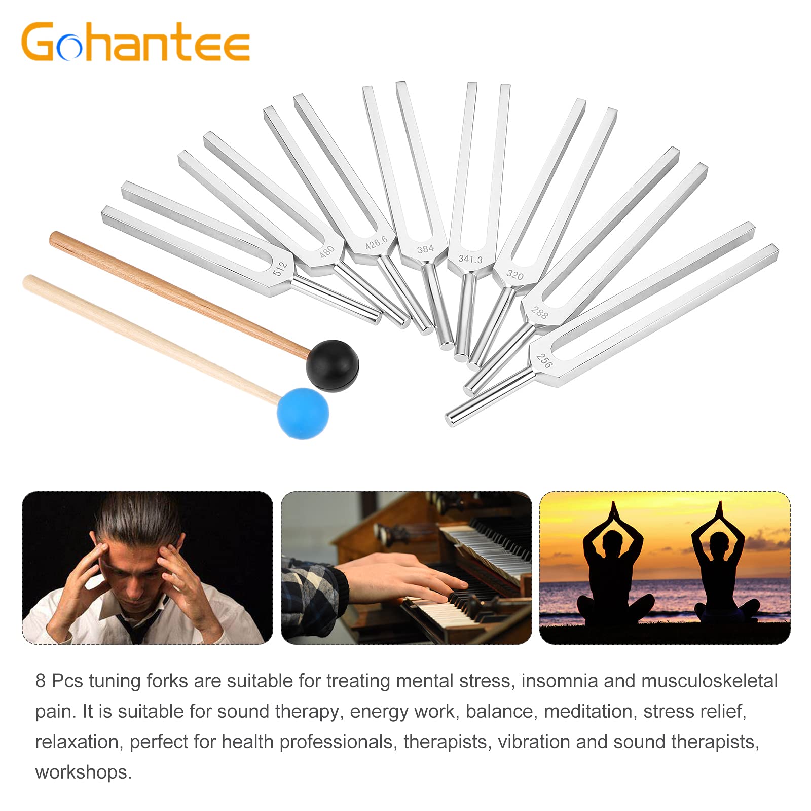 Gohantee Juego de 8 tenedores de afinación de chakra plateada+2 martillos de sonido (256Hz, 288Hz, 320Hz, 341.3Hz, 383Hz, 426.6Hz, 480Hz, 512Hz)