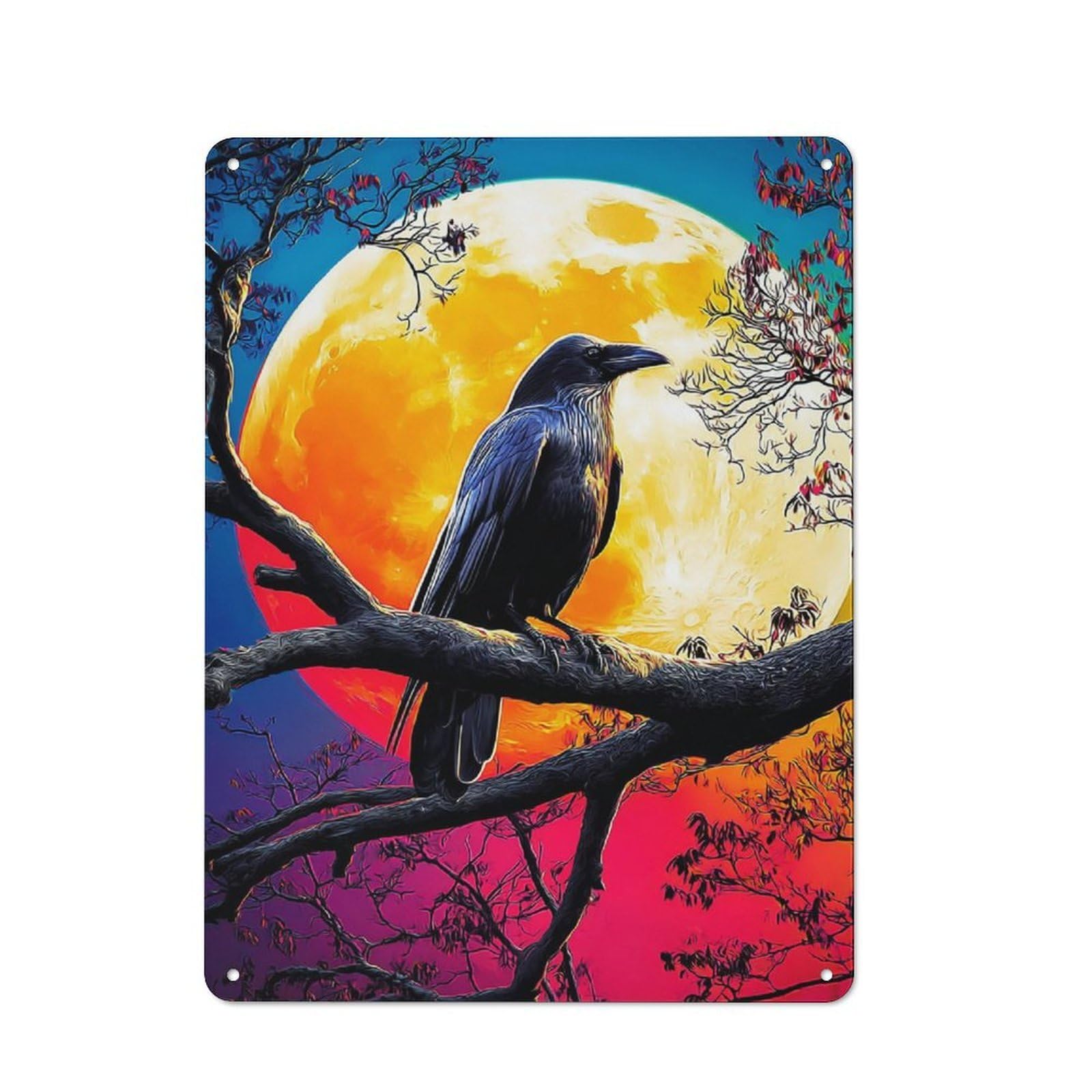 Junmoney Crow Perched Against Full Moon Vintage Vintage Tin Sign 40X30cm, Cafe Wall Decor For Bakery, Diner, Cafe Or Family Room
