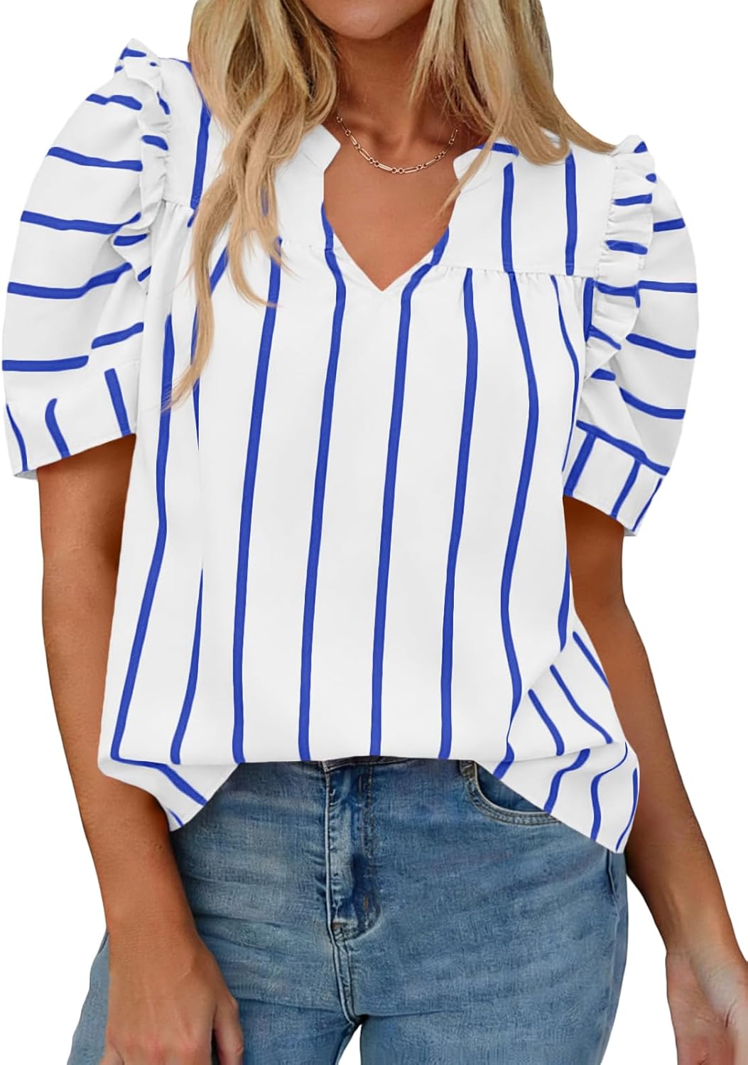Tankaneo Womens Puff Sleeve Striped Blouses Dressy Casual V Neck Shirts Summer Trendy Loose Fit Tunic Tops
