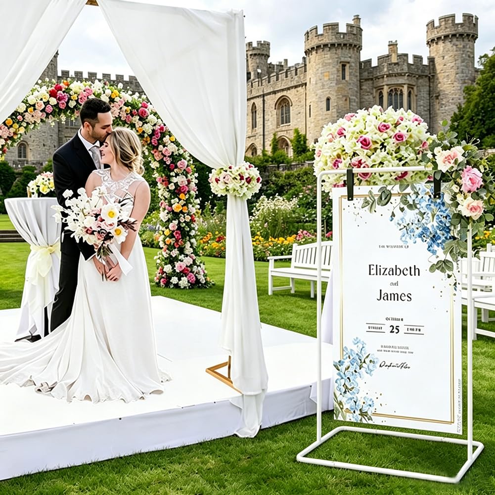 173x80cm Willkommensschild Hochzeit, Hochzeitsschild-Halter mit 4 Lederriemen, Hochzeitsbogen Posterhalter Hintergrundständer für Hochzeitsschilder, Werbung Schildhalter, Ballonbogen (Weiß)