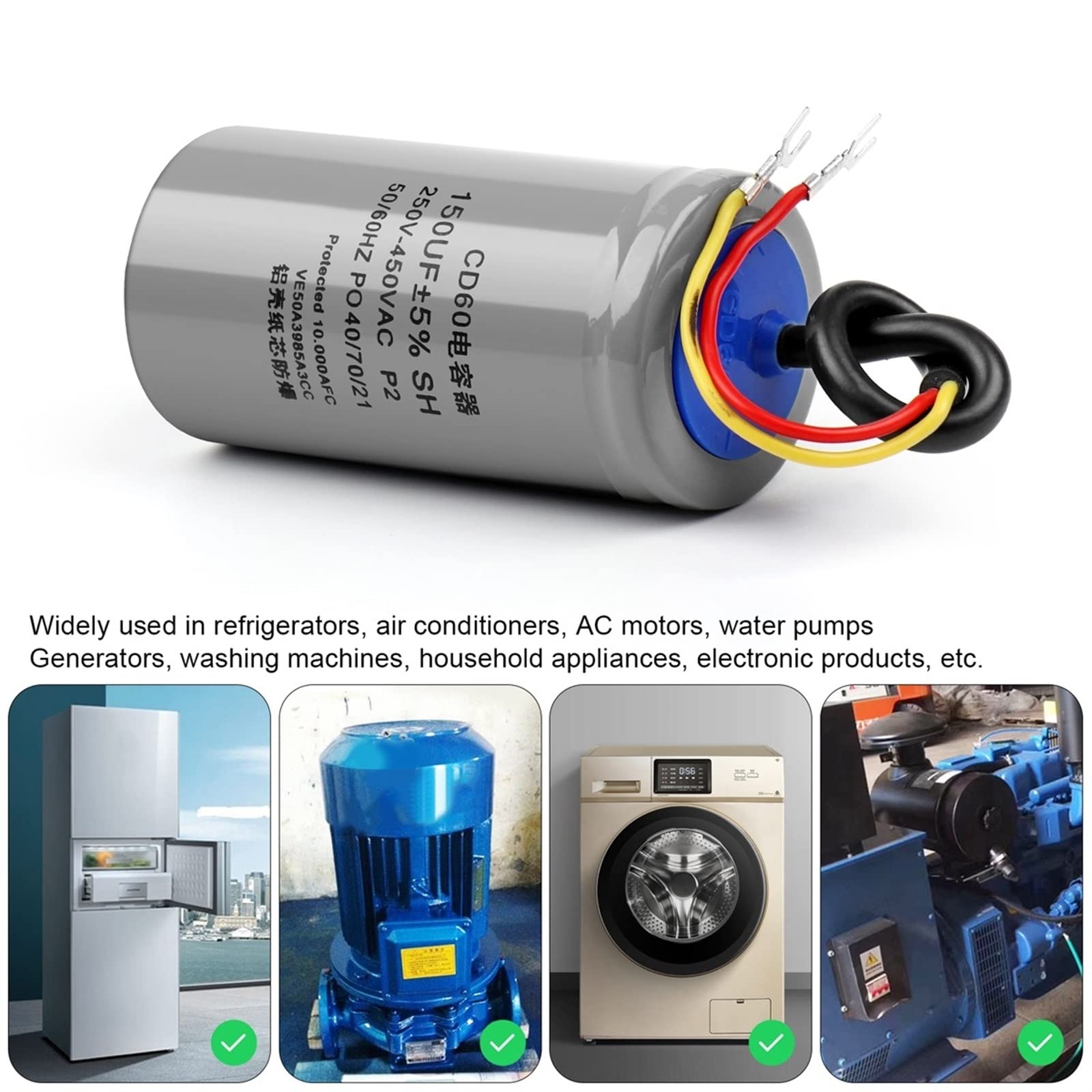 Condensador de arranque CD60, 2 uds., 450V, 50, 75, 100, 150, 200, 250, 300, 350, 400UF, condensador de arranque del Motor, funcionamiento del Motor (Size : 350UF Gray)
