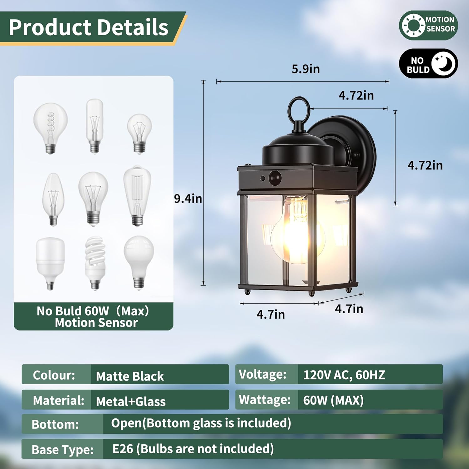 Motion Sensor Dawn to Dusk Sensor Outdoor Wall Light Fixtures Waterproof Black Exterior Porch Lighting Fixture Anti-Rust Outdoor Wall Lantern for House