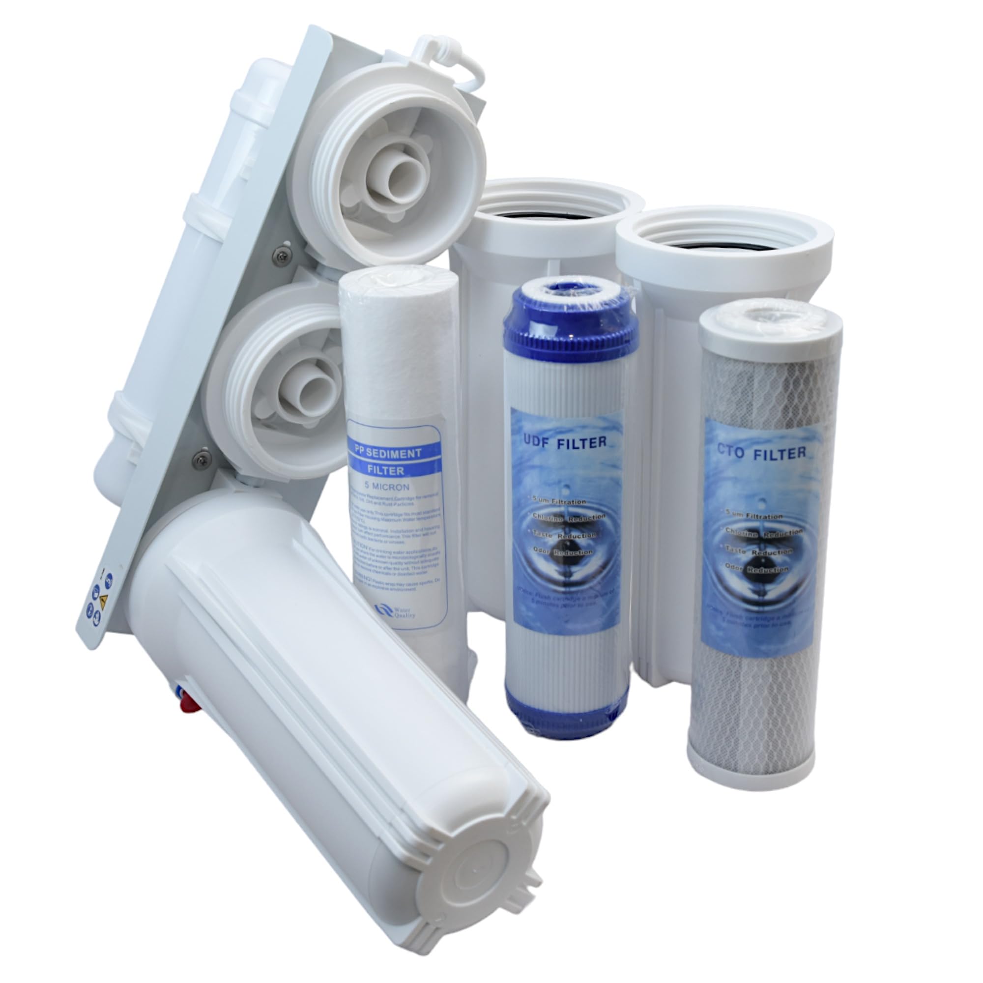 Purificador de agua de 5 etapas, filtro debajo del fregadero, filtración, sistema con grifo, accesorios de montaje de carbono activo y asientos + kit de cartuchos de repuesto 5 elementos filtros