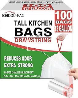 Trash Bags 13 Gallon Drawstring, 100 Count, Multifold Roll Garbage Bags, Tall Kitchen Trash Bag, Odorless & Extra strength White Plastic Food Scrap Bag for Home Office Bathroom Kitchen Bins