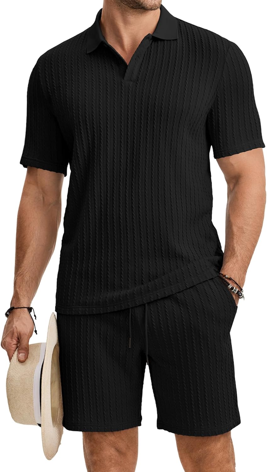 JMIERR Men's Summer Beach Outfits 2 Piece Jacquard Knit Lounge Short Sleeve Shirts & Shorts Vacation Texture Sets