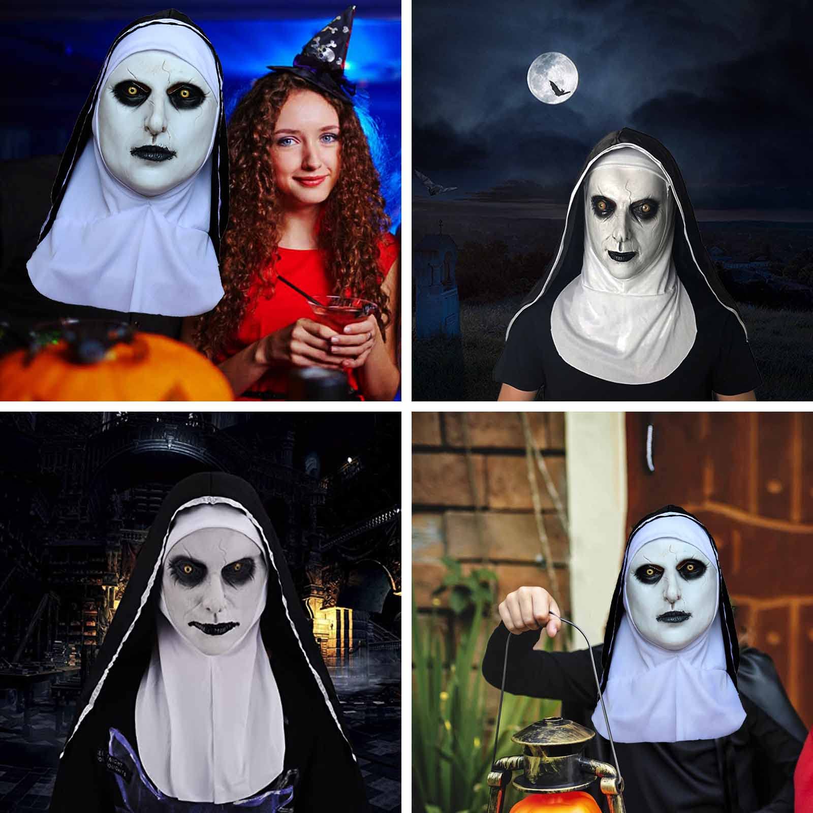 TIANHOO Maska zakonnicy, straszna lateksowa maska na Halloween, horror, maska na całą głowę, z chustą na głowę, zakonnica, przebranie, kostium cosplay, maski na Halloween, karnawał, przyjęcie,