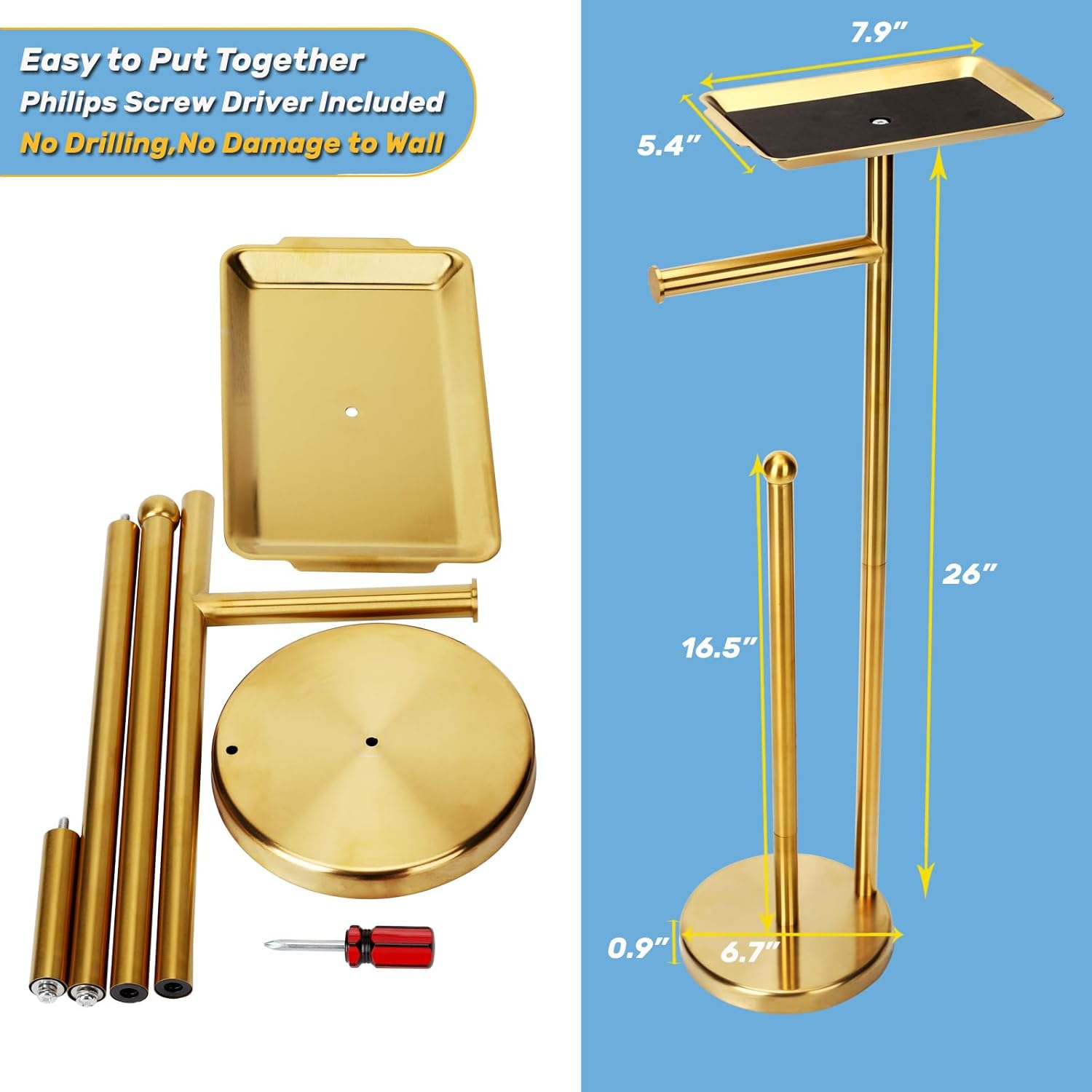 Exilon Toilet Paper Holder Stand for Bathroom Floor Freestanding Toilet Roll Dispenser Storages 4 Reserve Rolls, with Top Storage Shelf for Cell Phone (Brushed Gold)