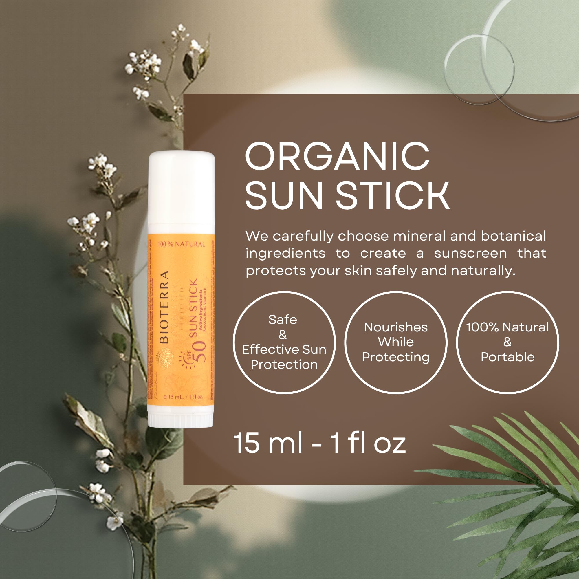 Bioterra SPF 50 Stick Güneş Kremi – Yüksek UVA/UVB Koruma PA++++, Balmumu İçeren Nemlendirici Formül, Kuru Ciltler İçin Koruyucu Bariyer, Pratik Stick Güneş Koruyucu