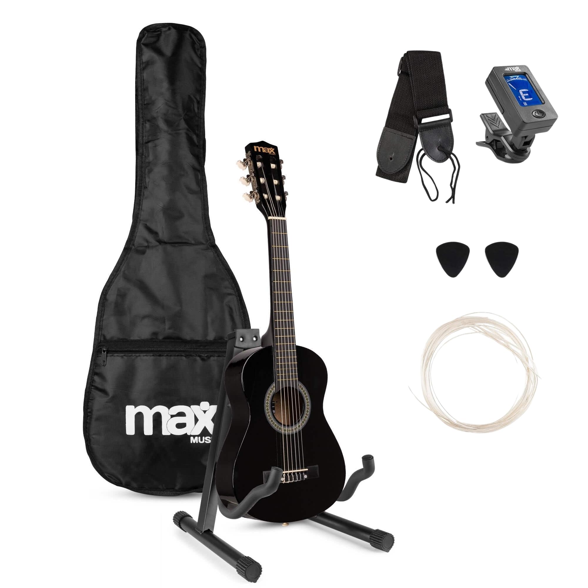 MAX SoloArt - 1/4 Gitarre Kinder ab 3 Jahre - Akustik Gitarre inkl. Gitarrenständer, Tasche, Plektrum, Gurt und Saiten-Zubehör, Kindergitarre 3 Jahre - Guitar in Schwarz