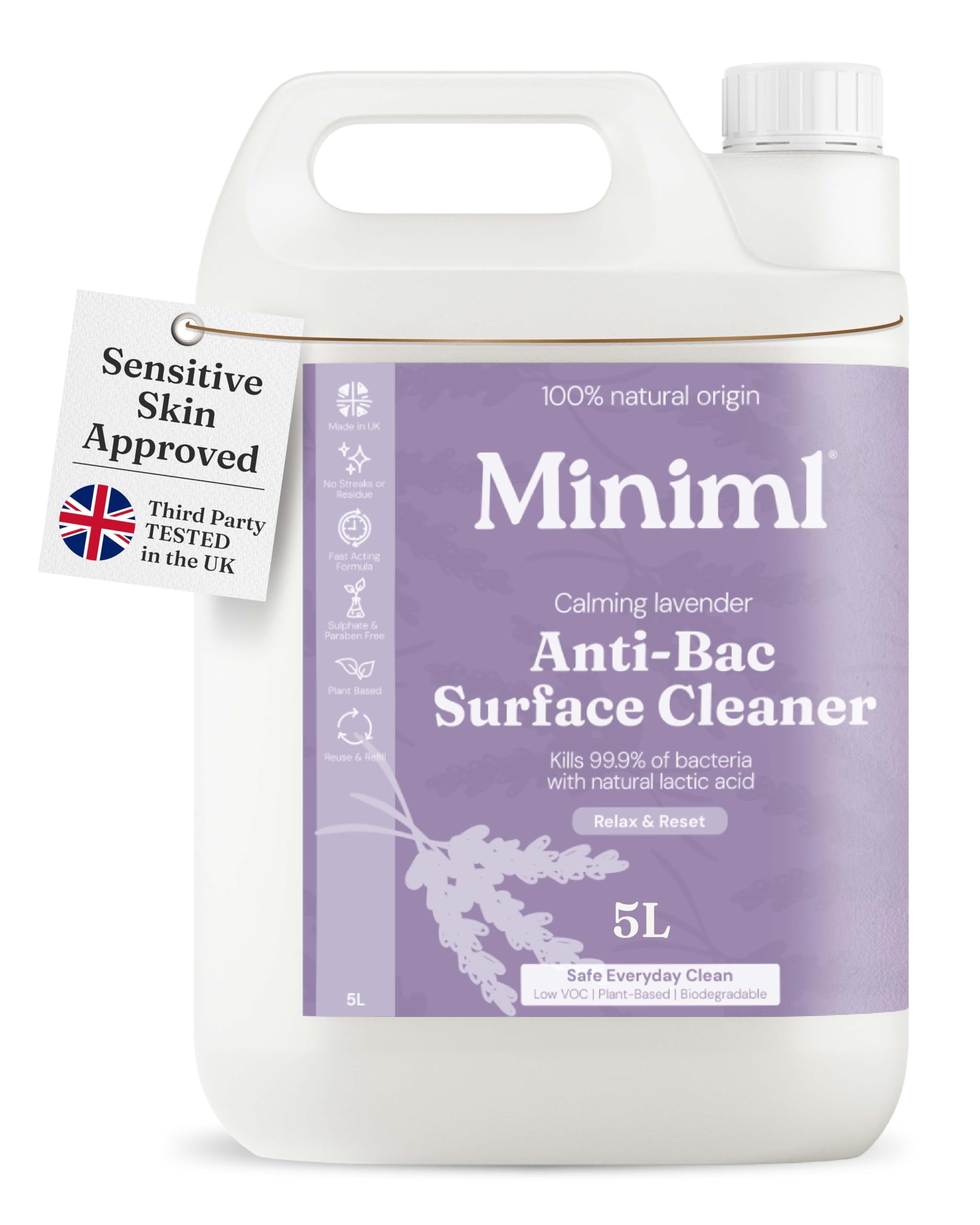 Miniml Eco Antibacterial Spray Surface Cleaner 5L Refill - French Lavender Scented Multi Purpose Anti-Bac Disinfectant Cleaning Product - Natural Plant Based Vegan Formula & Cruelty Free