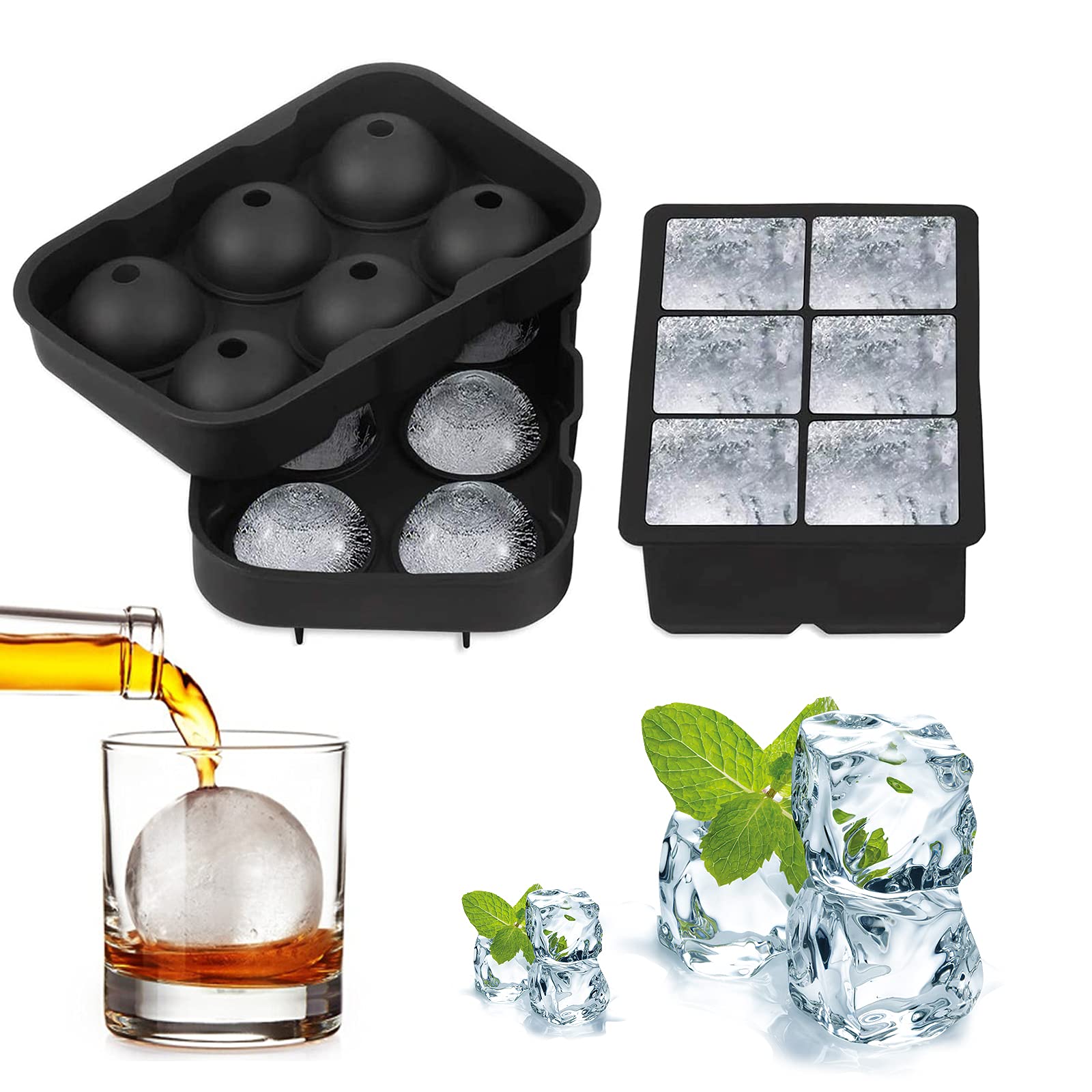 Ice Cube Tray, Lfgb Certified BPA Free Moulds with Non-Spill Lid, Best for Freezer, Baby Food, Water, Whiskey, Cocktail and Other Drink, Green & Blue (01-2pack-Black)
