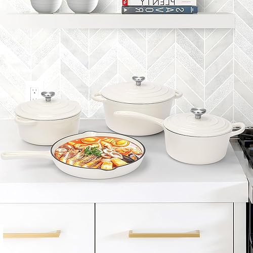 Miniatura 7 de QuliMetal Juego de utensilios de cocina de hierro fundido esmaltado antiadherente, 7 ollas y sartenes con tapa, sartén para freír, sartén para