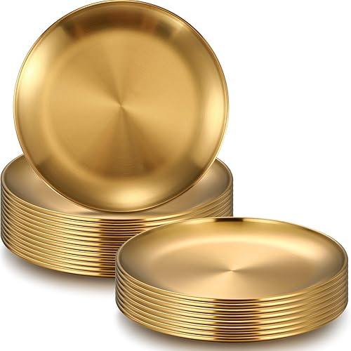 Uiifan 20 platos dorados de acero inoxidable 304 de 8 pulgadas, bandeja de metal reutilizable, apto para lavavajillas, platos redondos para cena,