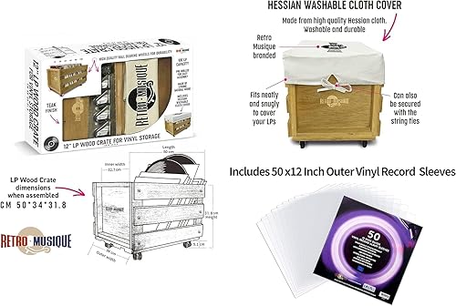 Miniatura 3 de Estuche de almacenamiento de discos de vinilo LP sobre ruedas con capacidad para hasta 100 álbumes (en fundas de PVC) con cubierta de arpillera