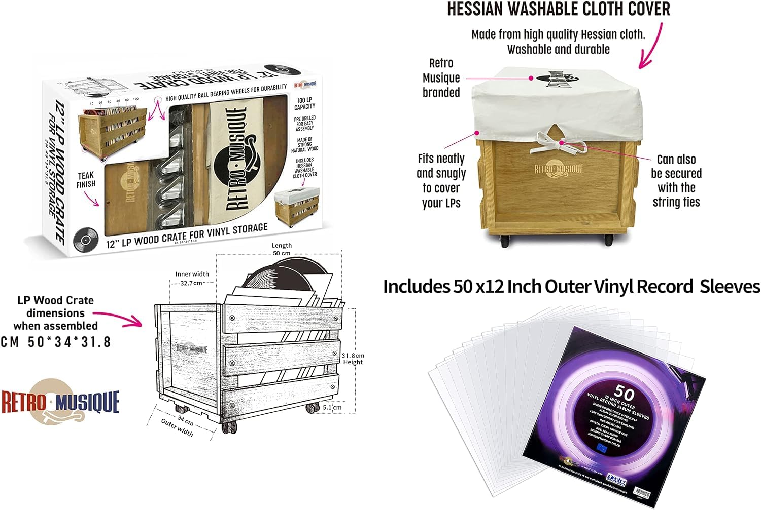 Wooden 12 "LP vinil Records Storage Box con Capacidad máxima para 100 Discos en Ruedas (Manguitos de PVC), la Portada de Hesse Incluye 50 Chaquetas de Vinilo(Acabado de Teca)
