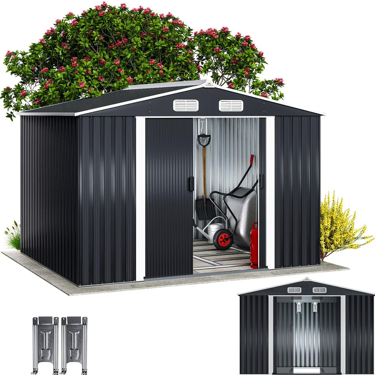 GARDEBRUK® XXL Metall Gerätehaus 5m² mit Fundament 257x205x178cm Schiebetür Anthrazit Geräteschuppen Gartenhaus 9m³ | Gartenmöbel Gartenmöbel Gartendach Rasenmäher Garage mit 96cm Schiebetür verzinkter Stahl Schuppen für Werkzeuge