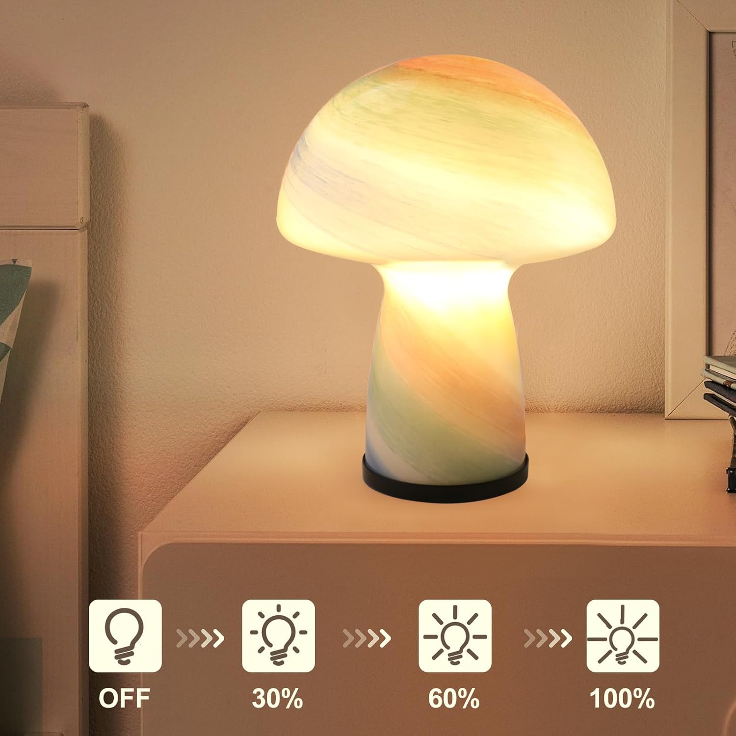 NOTOC Mushroom lamp,Dimmable Glass Table Lamp,Vintage Style Table Lamp,Rainbow Bedside Desk lamp,Cute Table Lamps.（LED Bulbs Included）