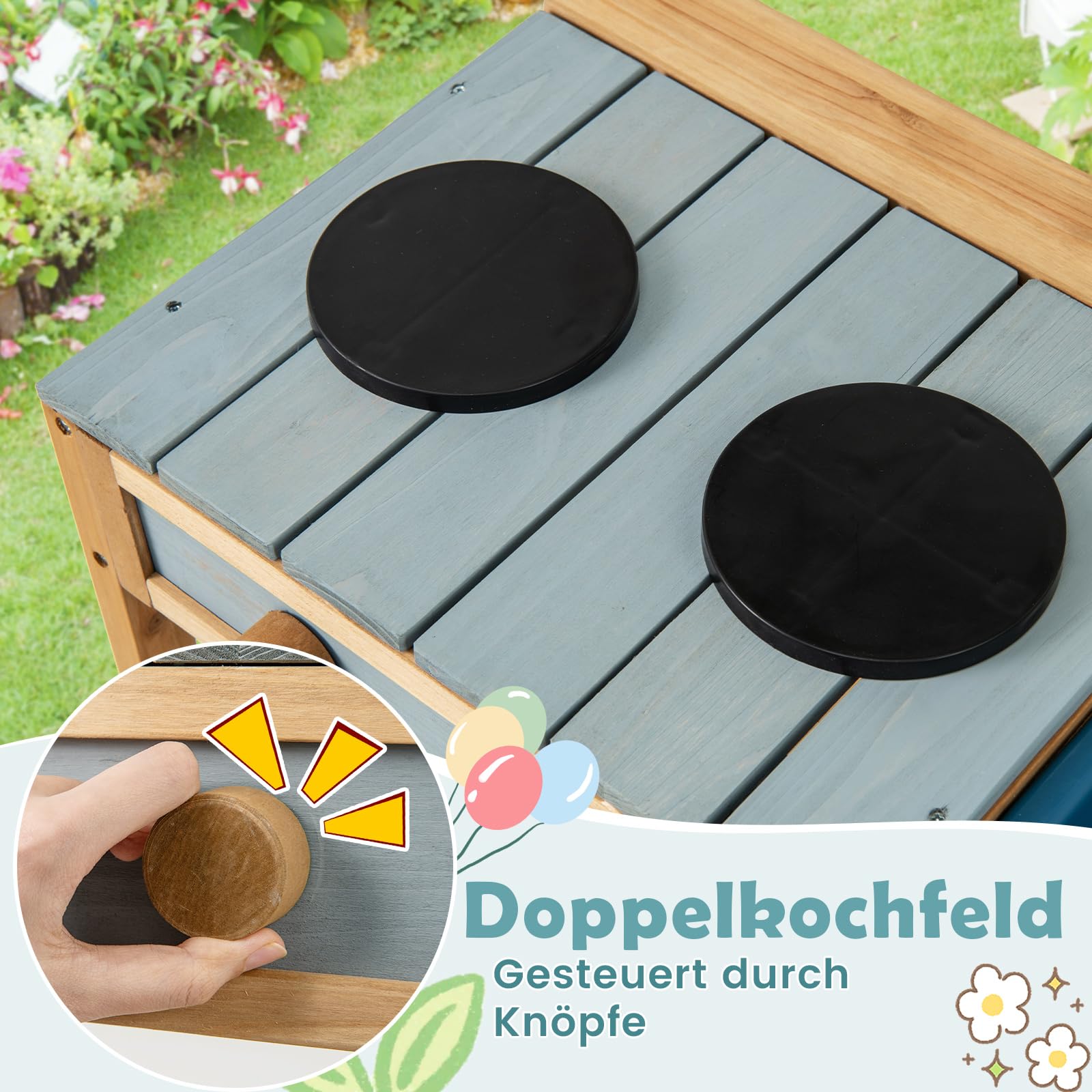 COSTWAY Matschküche Kinder Outdoor, Kinderküche Holz mit Spüle, Spielküche mit Haken & abnehmbarem Regal, Gartenküche Outdoorküche für Kinder ab 3 Jahren