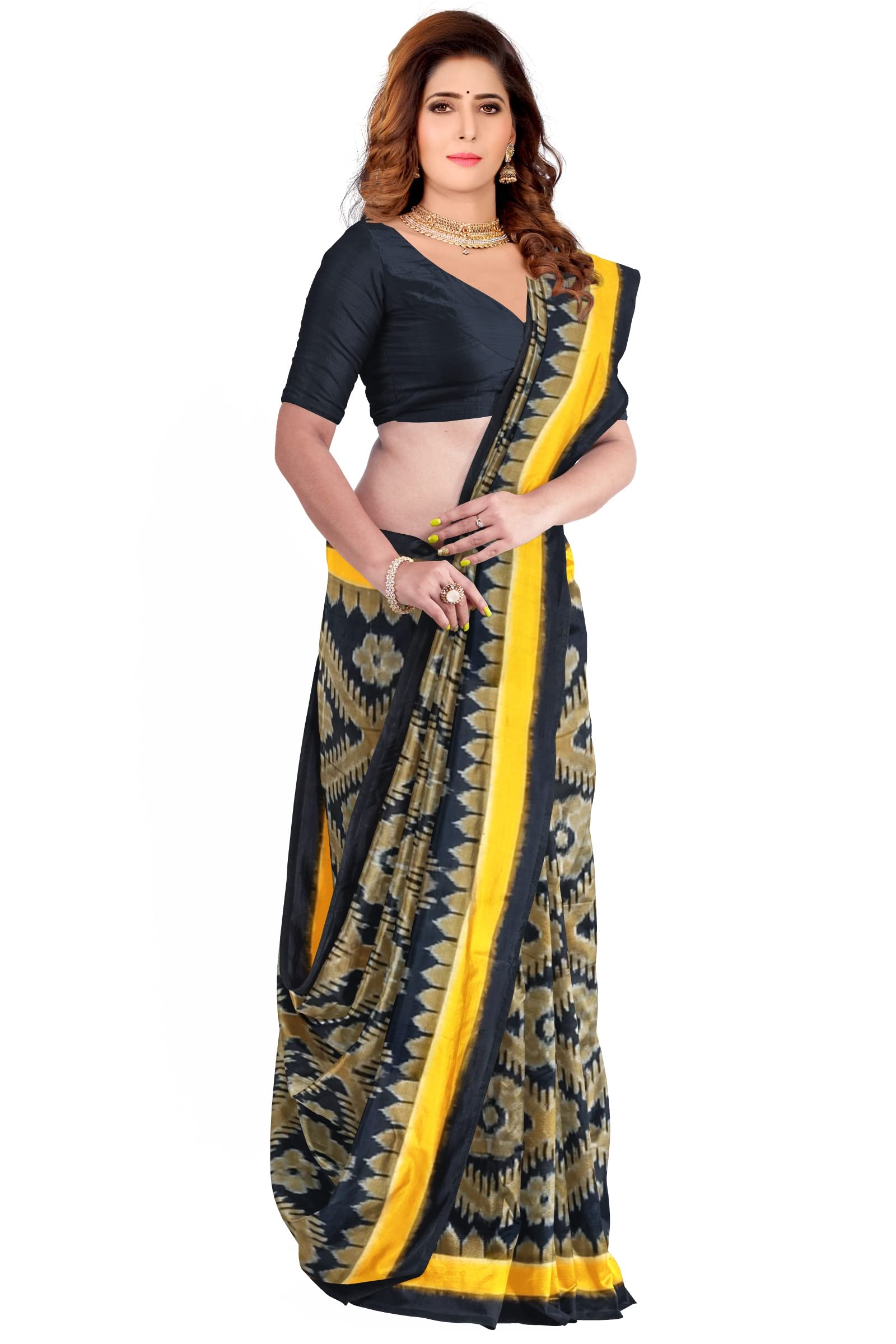 FLOWRINAOdisha Sambalpuri Handloom Ikat Women's Cotton Saree, Odisha Handloom Handmade Pure Cotton Khandua Saree, Ikkat Orissa Traditional Handloom Saree Without Blouse (Black, FLOW 234)