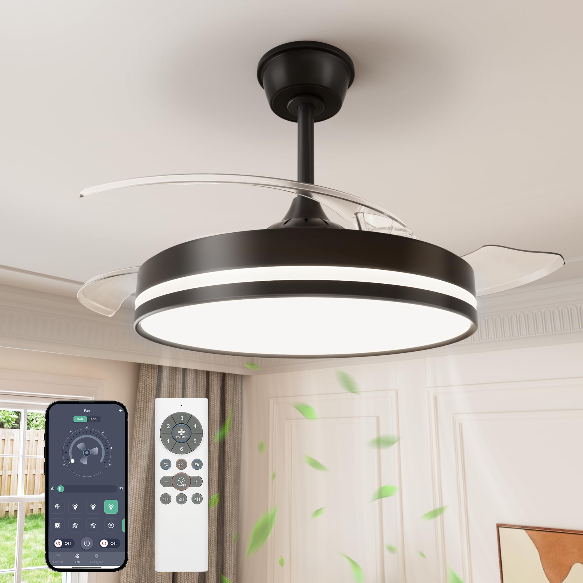 VOLISUN Ceiling Fan with Retractable Blade Light, Ultra-Quiet DC Motor, CCT 3000-4000-6000K, Remote Control – 50W Ceiling Lamp with Modern Fan (Black, 106 cm)