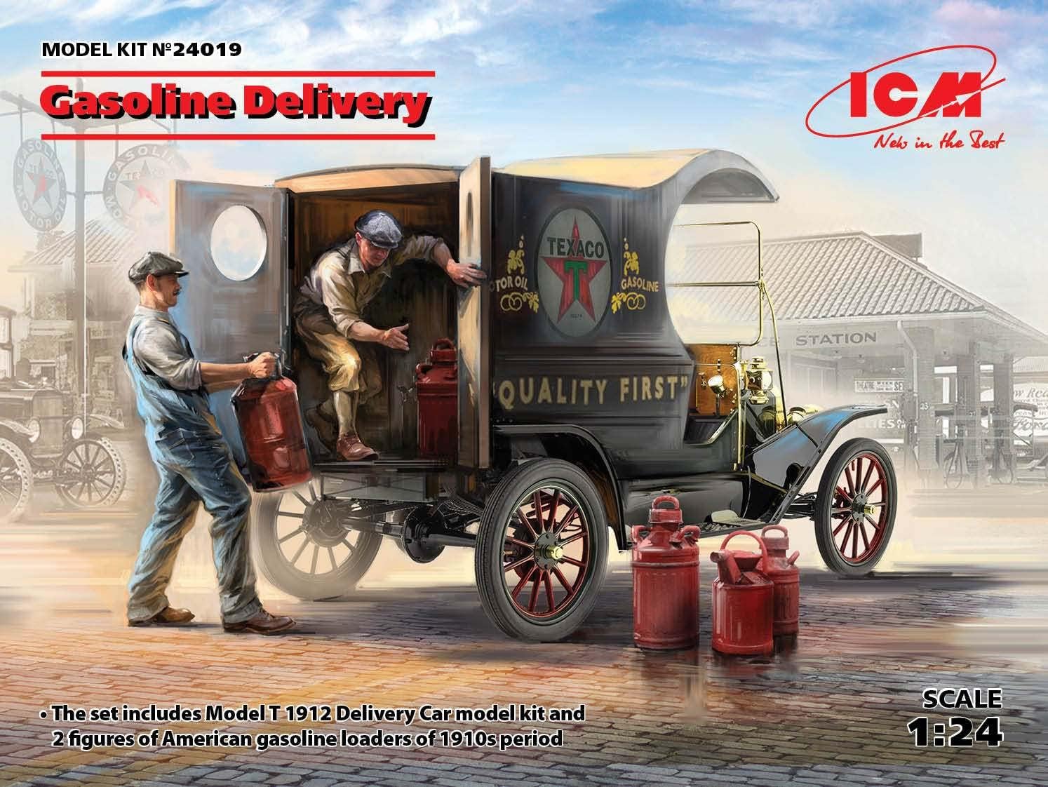 ICM 24019 - Plastic Vehicle Model Gasoline Delivery, Model T 1912 Delivery Car with American Gasoline Loaders - Scale 1:24