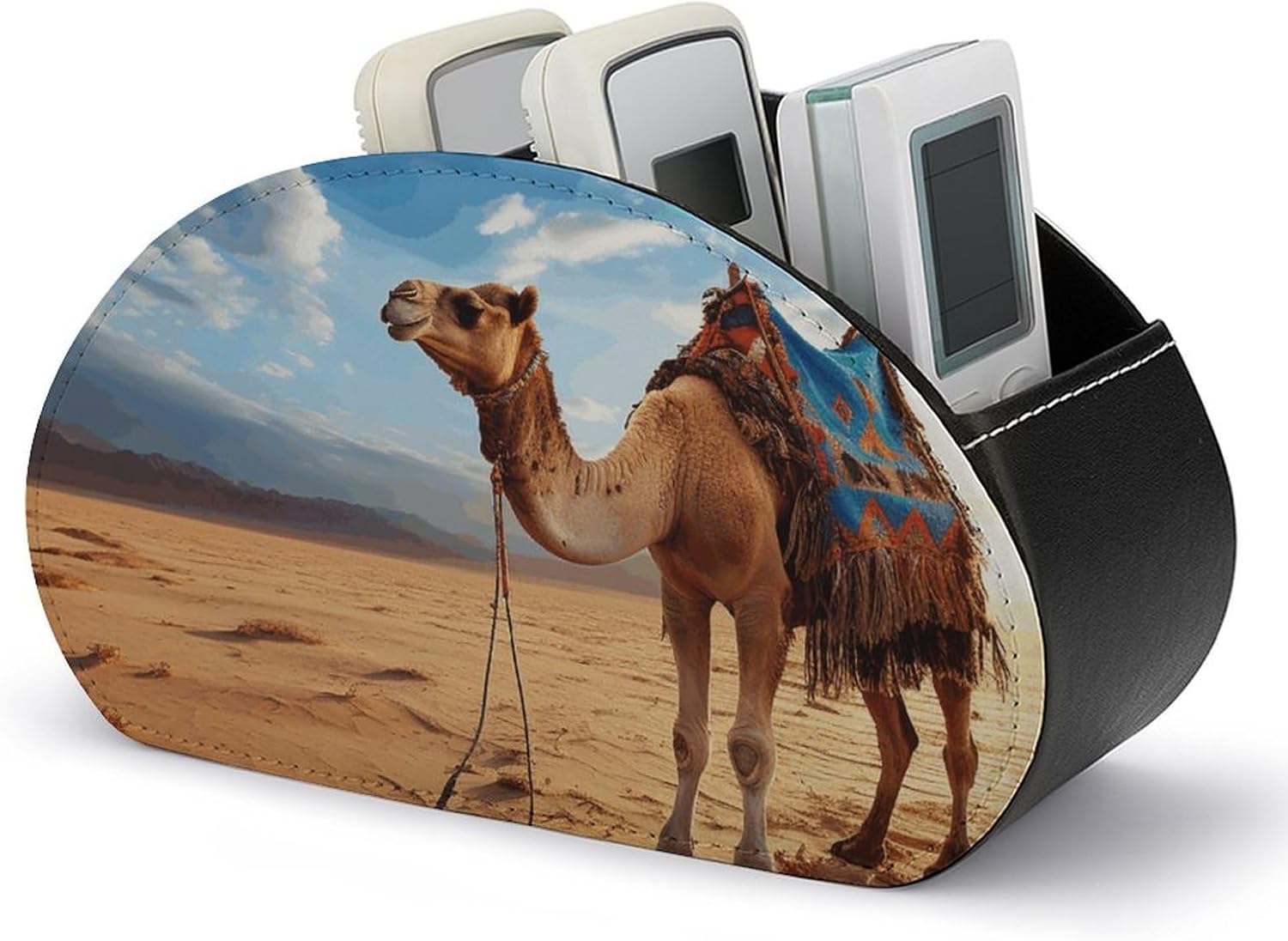 PU Leather Remote Organizar Box for Office, Camel Sky TV Remote Control Holder with 5 Compartments, Anti-slip Desktop Remote Caddy Storage for DVD, Blu-Ray, Media Player
