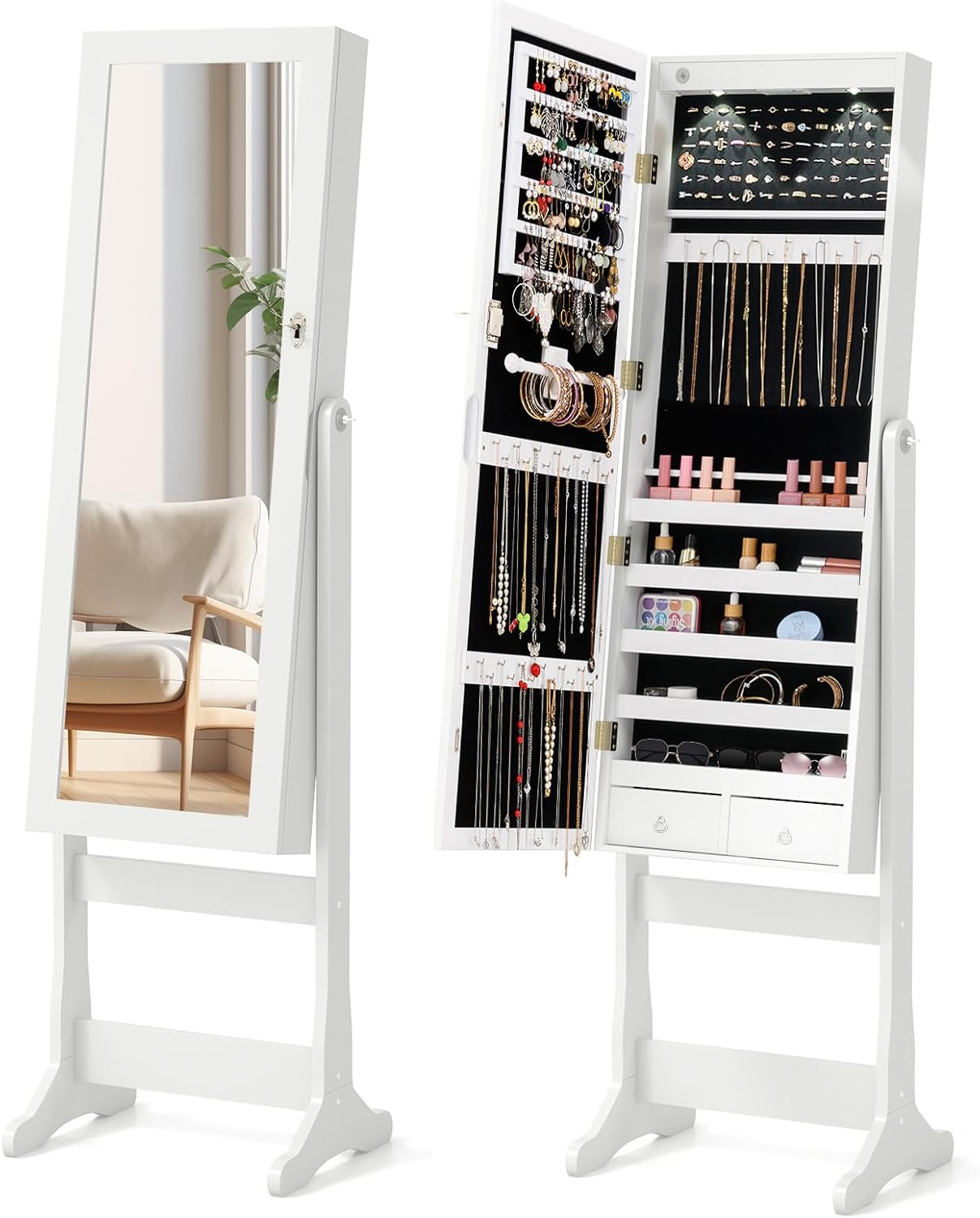 COSTWAY Standing Jewelry Cabinet, Large Storage Jewelry Armoire with Full Length Mirror, 4 Adjustable Angles & 2 LED Lights for Women, Girls (White)