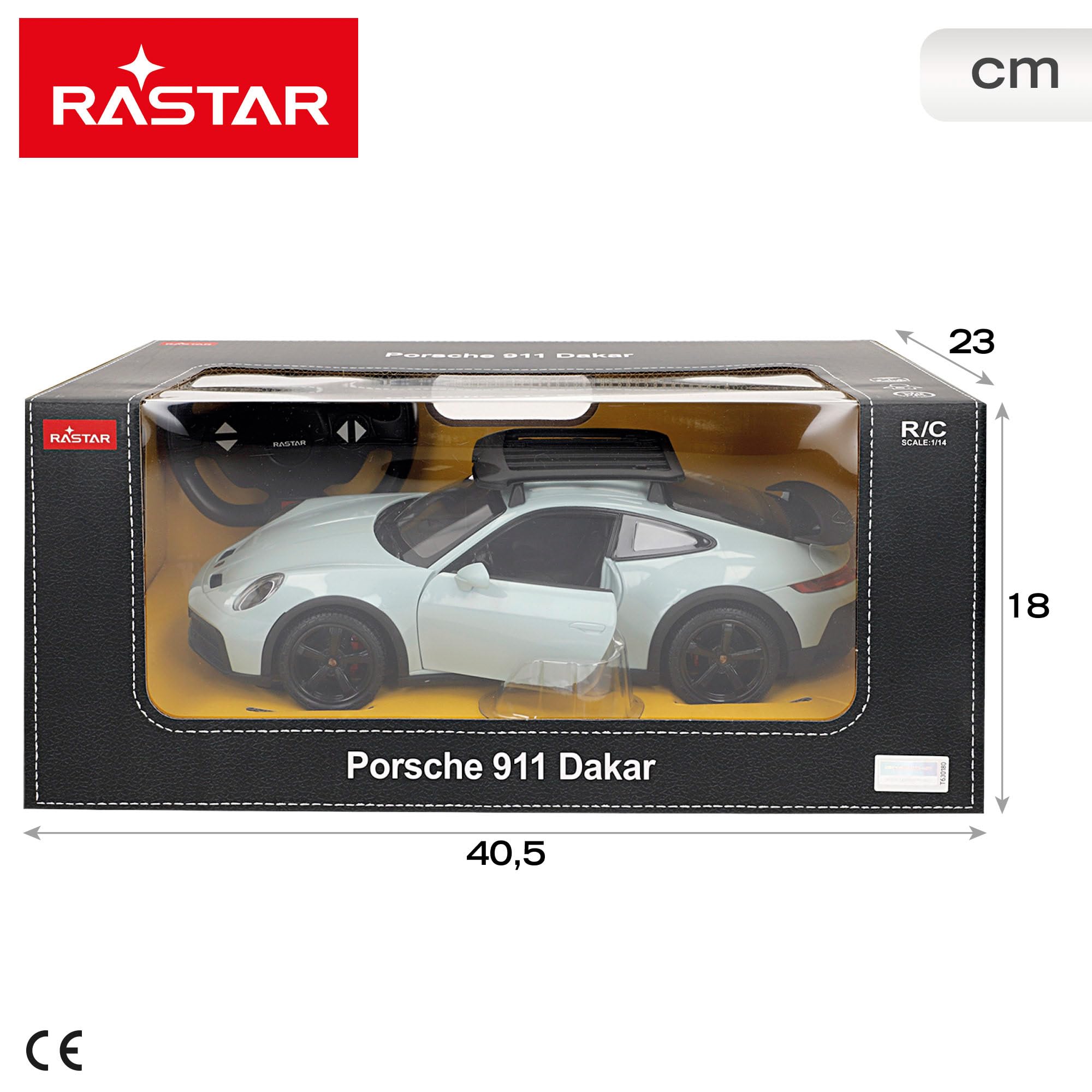 ColorBaby RASTAR Porsche 911 Dakar, samochód zdalnie sterowany, w skali 1:14, ze światłami przednimi, ręcznie otwieranymi drzwiami i bagażnikami, 6 funkcji, oficjalna licencja, od 6 lat (41327)