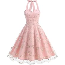Vintage Dress for Women 1950s Cottagecore Cocktail Dresses Halter V Neck Mesh Floral Embroidered Swing Party Dress