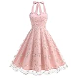Vintage Dress for Women 1950s Cottagecore Cocktail Dresses Halter V Neck Mesh Floral Embroidered Swing Party Dress