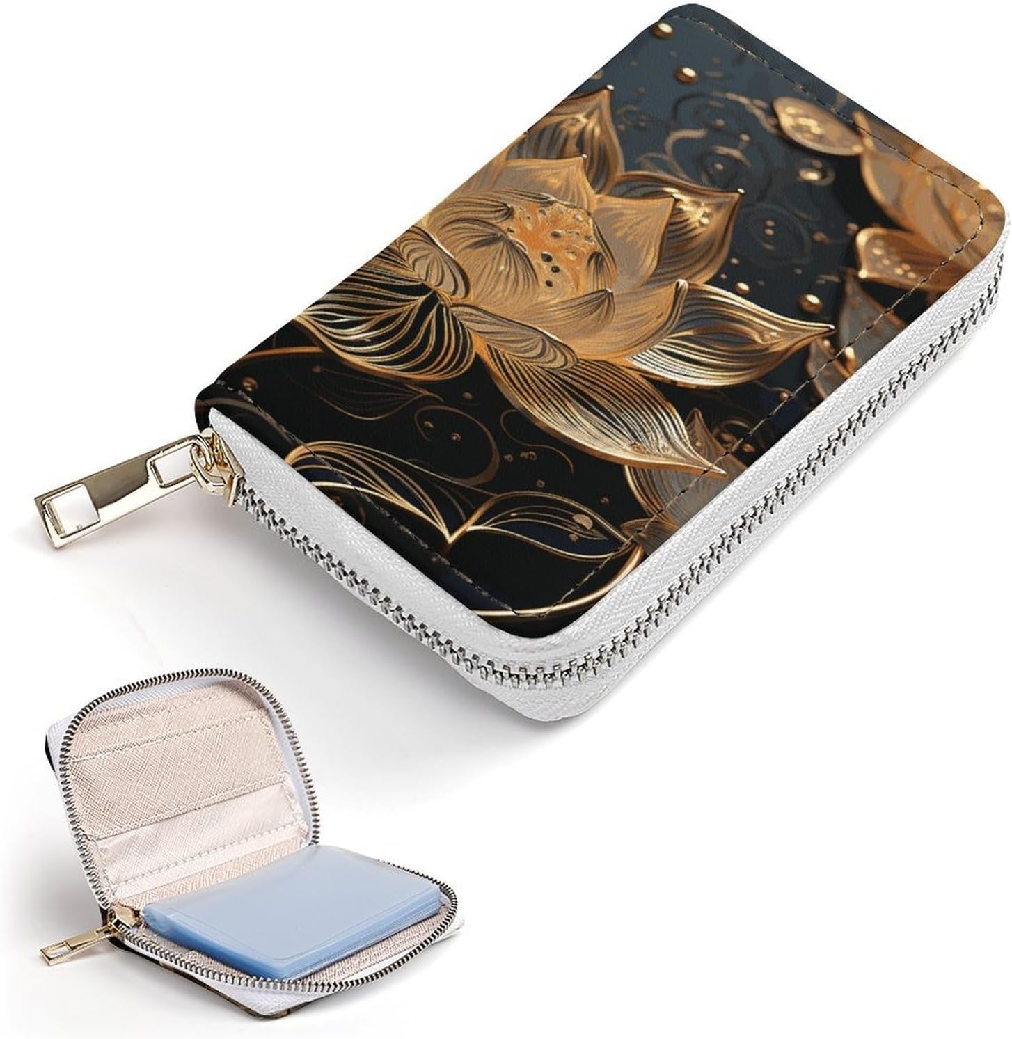 Boho Gold Lotus Flowers Card Holder RFID Blocking,Credit Card Wallet for Women And Men,Card Case Organizer Bag with Zipper