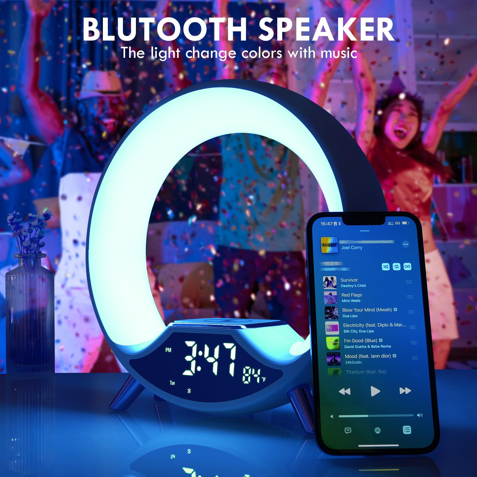 Cuteefun Wake Up Light, Sveglia All'Alba con Stazione di Ricarica da 15W, Luce Sveglia da Comodino con Altoparlante Bluetooth, Doppio Allarme, Radio FM, Oltre 10 Colori di Luce Regolabili, Bianco
