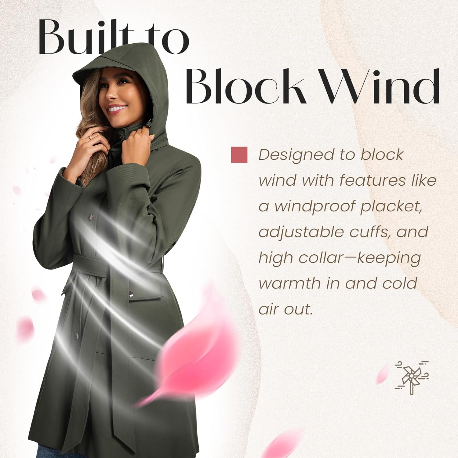 Womens Trench Coat Waterproof Rain Jacket Rain-blocking Brim Detachable Hood Raincoat with Belt Outdoor Travel - Image 5