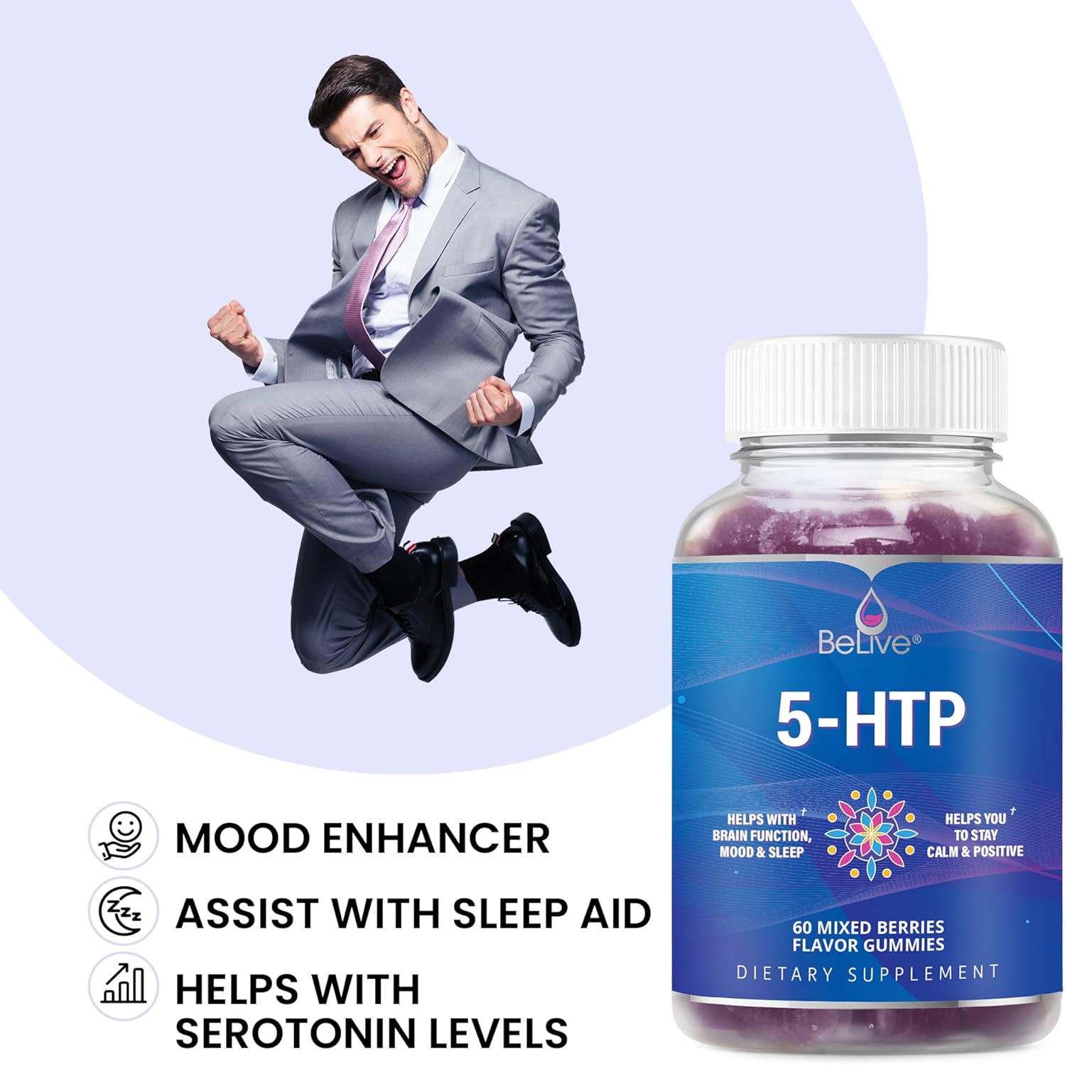 BeLive 5-HTP Gummies - Designed for Stress Relief, Sleep Support, & Enhancing Mood – 5-HTP Made from Griffonia Seed Extract - 60 Count : Health & Household