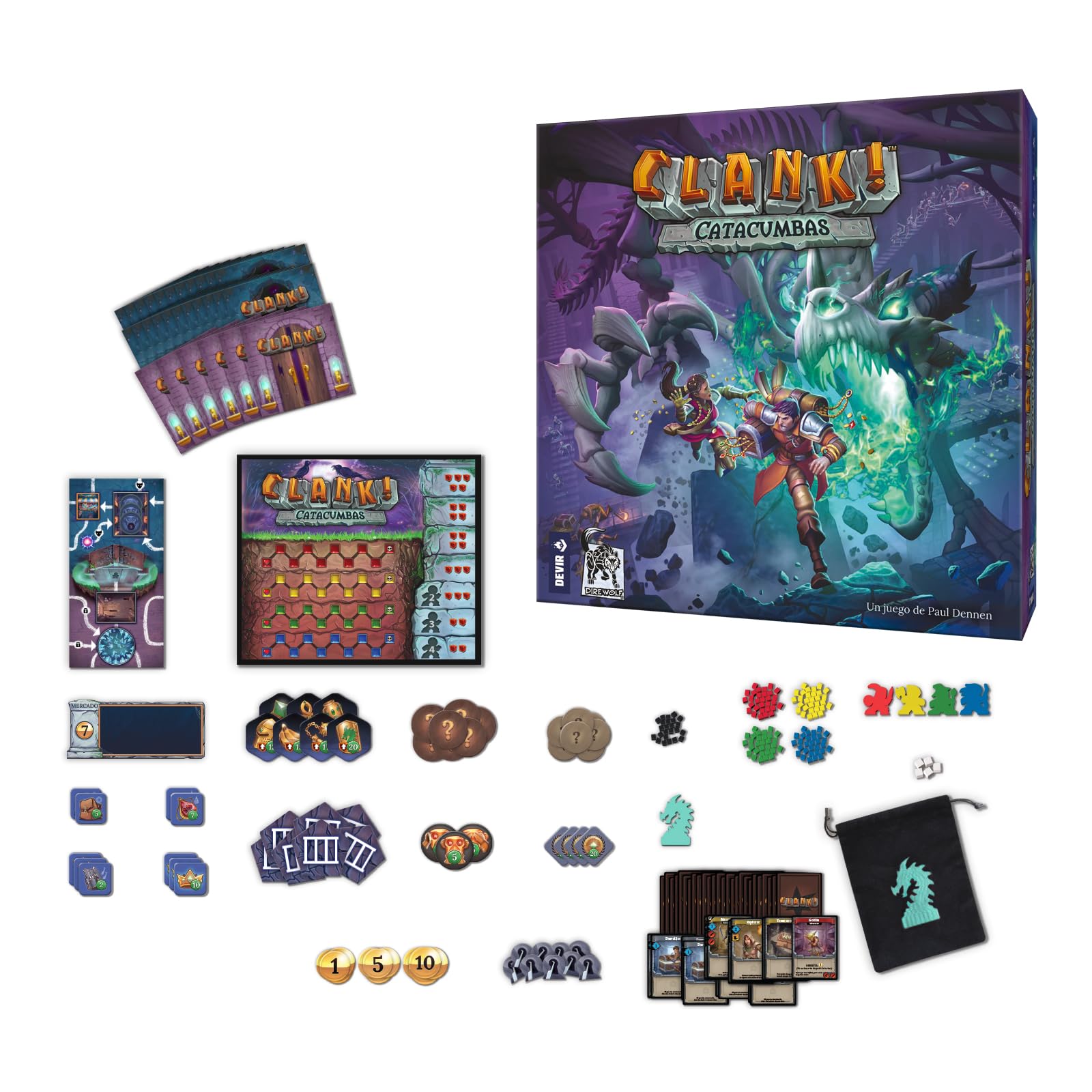 Devir - Clank! Catacumbas – Juego de Mesa de Aventuras y fantasía, construcción de mazos, exploración de mazmorra, 1-4 Jugadores, +13 años (BGCLACASP)