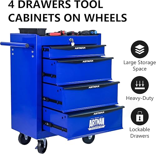 Miniatura 7 de Caja de herramientas con 4 cajones con taquilla, 20.9 pulgadas de profundidad de metal movible con cerradura, caja de almacenamiento de hardware